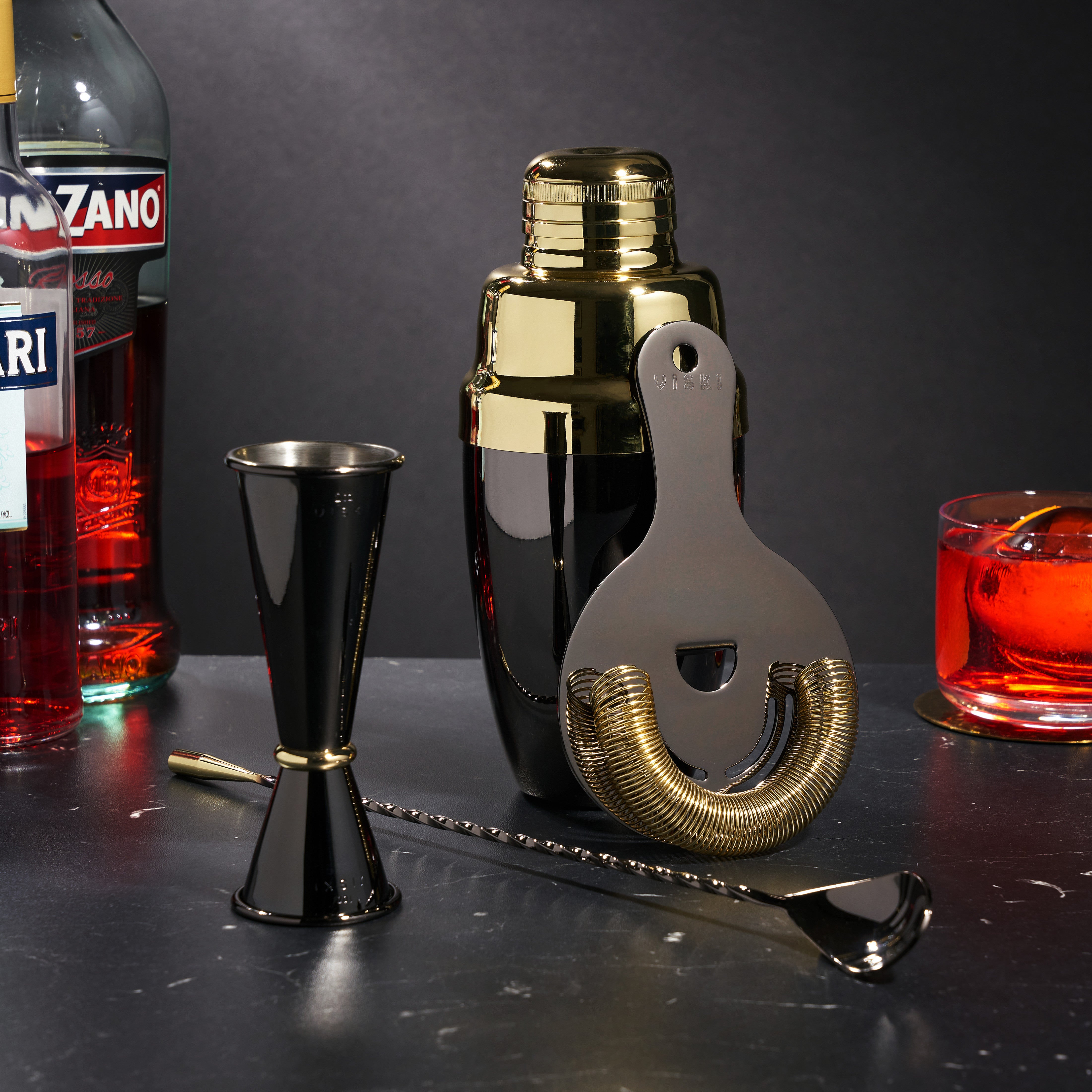 Premium 4-Piece Stainless Steel Barware Set - Black & Gold Cocktail Shaker, Jigger, Strainer & Spoon - Perfect for Home Bars, Cocktail Parties & Mixology Enthusiasts