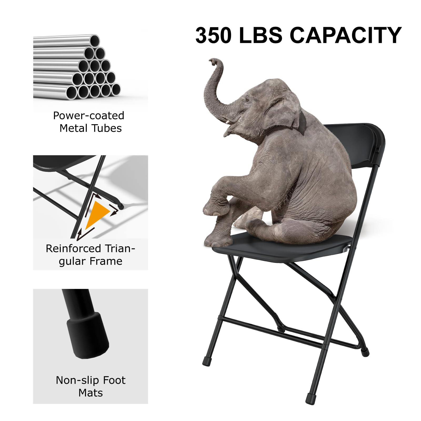 10 Pack Black Folding Chairs - Heavy Duty Stackable Plastic Chairs for Indoor & Outdoor Use - Steel Frame Supports 350LBS - Perfect for Parties, Weddings, Office, School & Dining Events