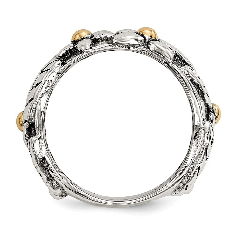 Antique Style Sterling Silver & 14k Gold Floral Leaf Band Ring for Women | Vintage Inspired Wedding, Engagement, Anniversary Jewelry Gift