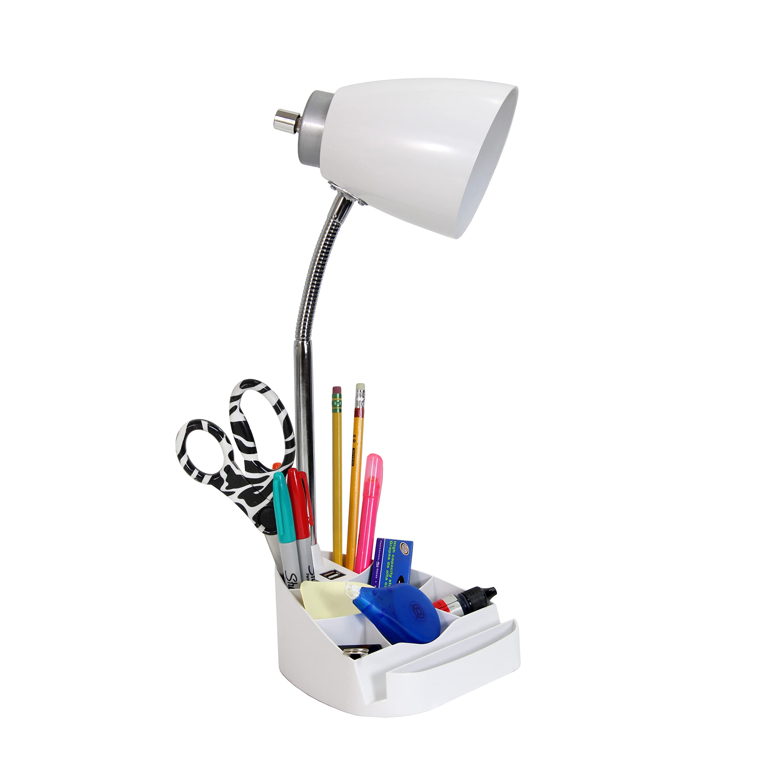Simple Designs LD1056-WHT Adjustable Gooseneck Desk Lamp with iPad/Tablet Stand, Book Holder & USB Charging Port - White | Perfect for Reading, Studying, Office Work & Nightstand Use