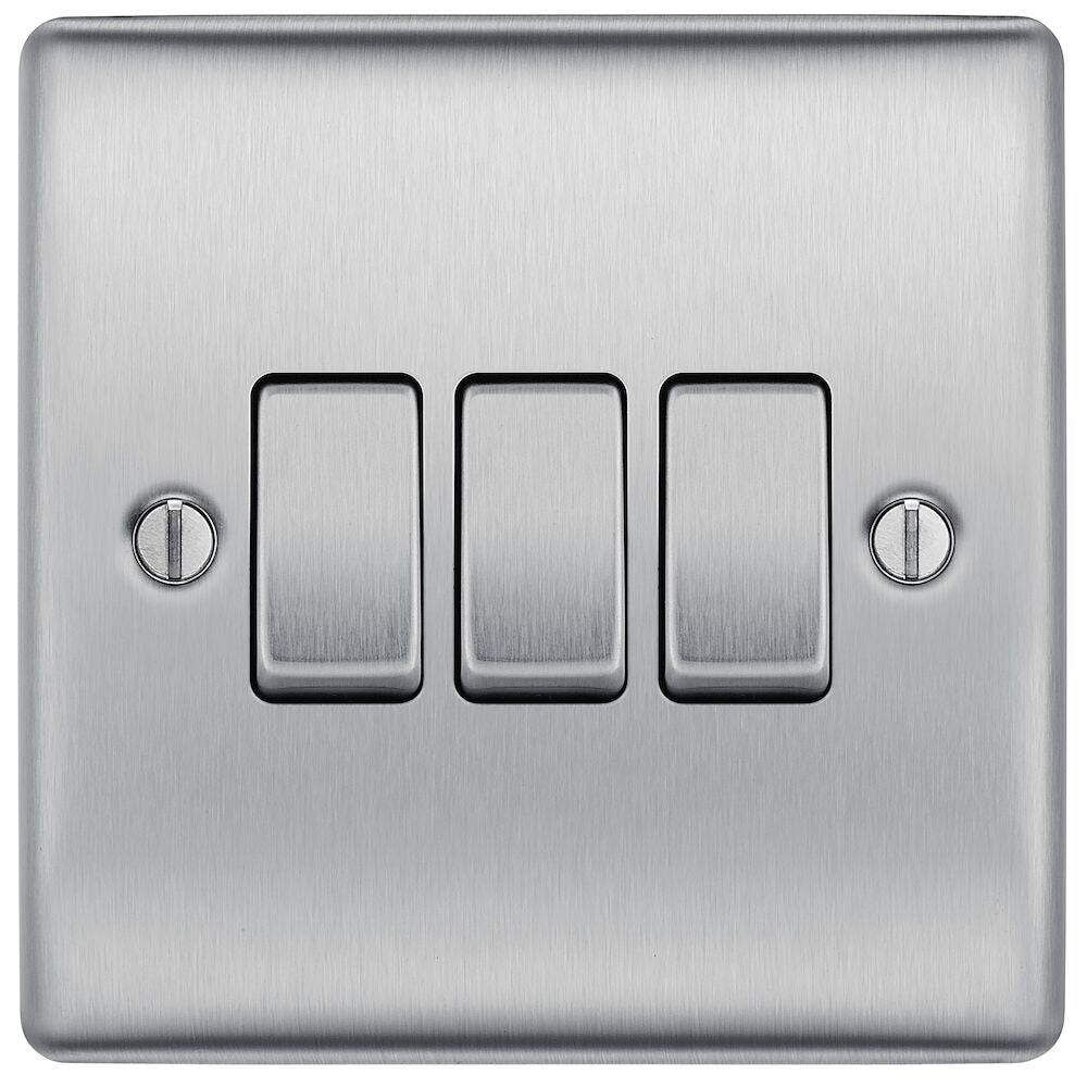 BG Nexus Metal Brushed Steel 3G 2W Light Switch NBS43 - Modern Electrical Wall Plate for Home & Office Decor | Perfect for Living Room, Bedroom, and Commercial Spaces