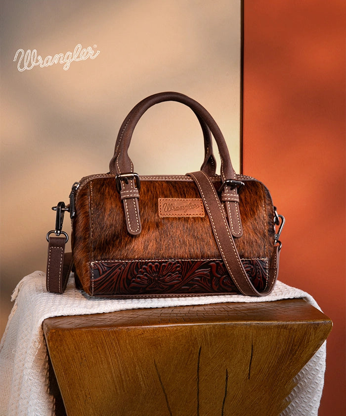 Wrangler Genuine Hair-On Cowhide Barrel Bag - Western Style Leather Crossbody Purse for Women | Perfect for Rodeo, Country Music Festivals & Everyday Use