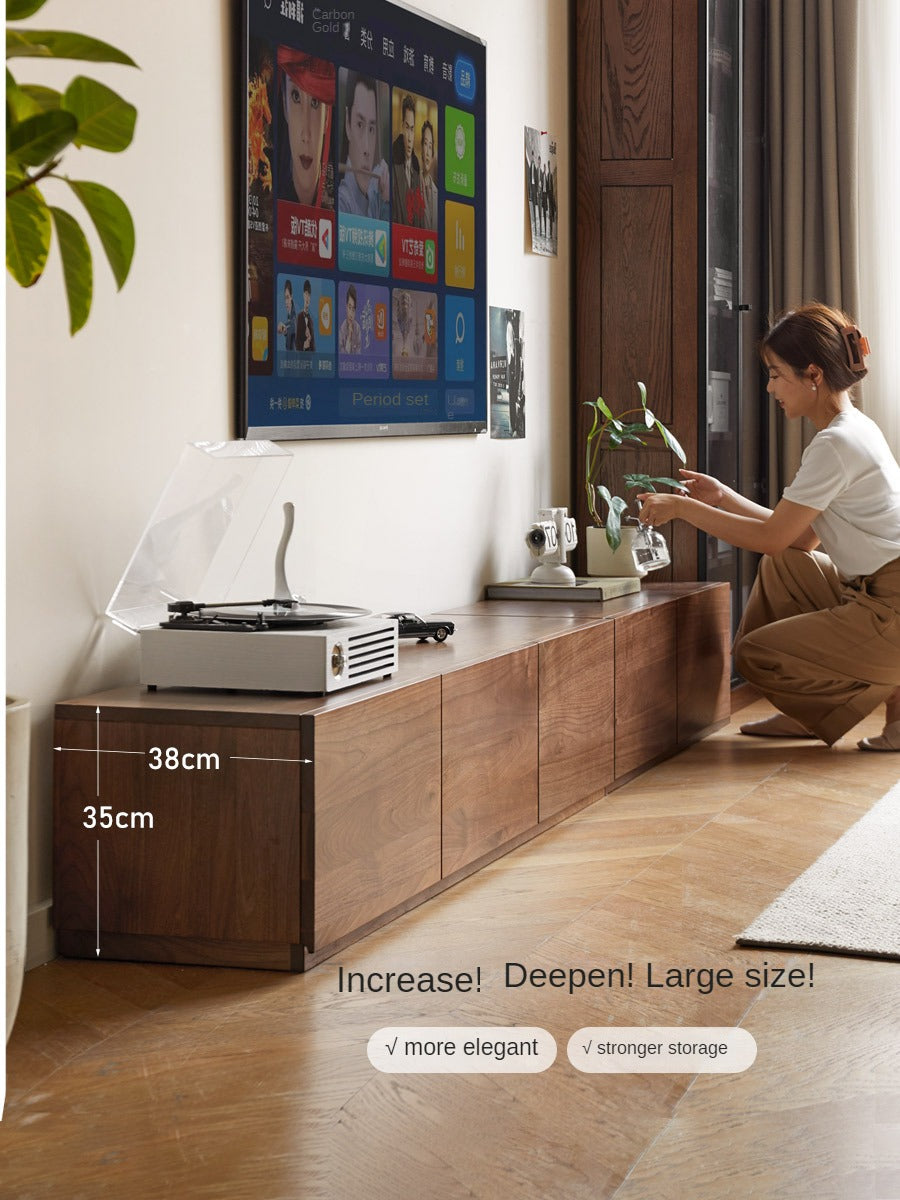 Premium Black Walnut & Ash Solid Wood TV Stand with Floor Splicing Design - Perfect for Living Room, Home Theater & Entertainment Center Setup