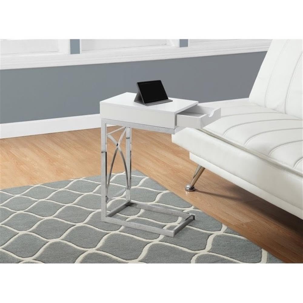 Monarch Specialties 3170 C-Shaped End Side Table with Drawer - Glossy White Laminate & Chrome Metal - 10.25