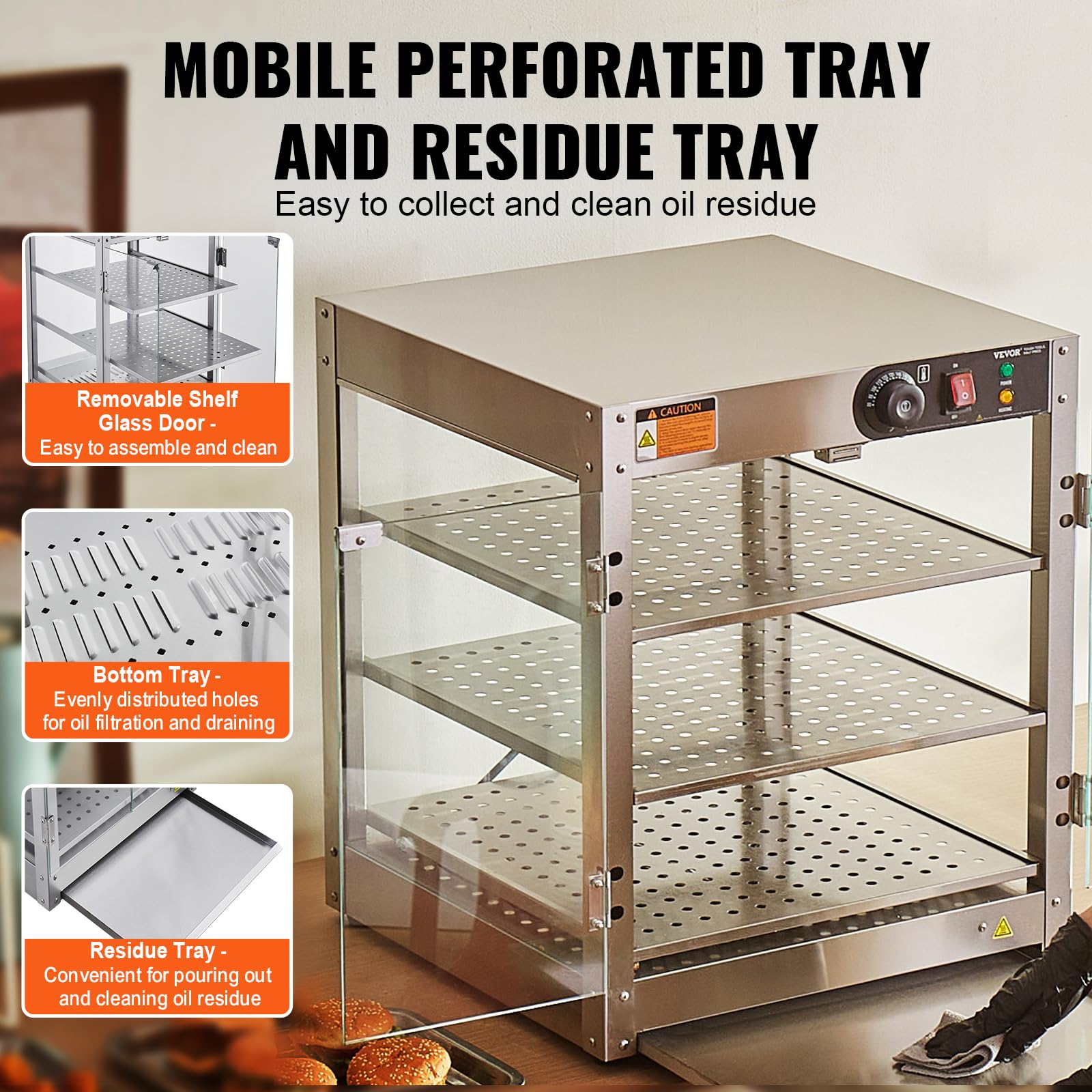VEVOR 3-Tier Commercial Food Warmer Display - 800W Heated Buffet Server with LED Lights & 86°F~185°F Adjustable Temperature - 90L Large Capacity for Burgers, Pizza, Bread & Fried Chicken - Perfect for Restaurants, Cafes & Catering Events