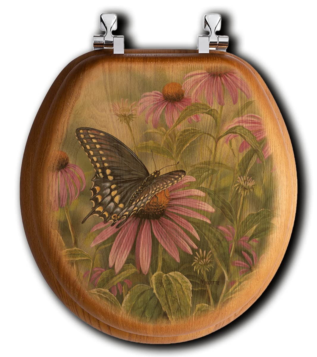 Premium Oak Veneer Round Toilet Seat with Black Swallowtail Butterfly Design - Waterproof & Durable for Bathroom, RV, Camper & Outdoor Use