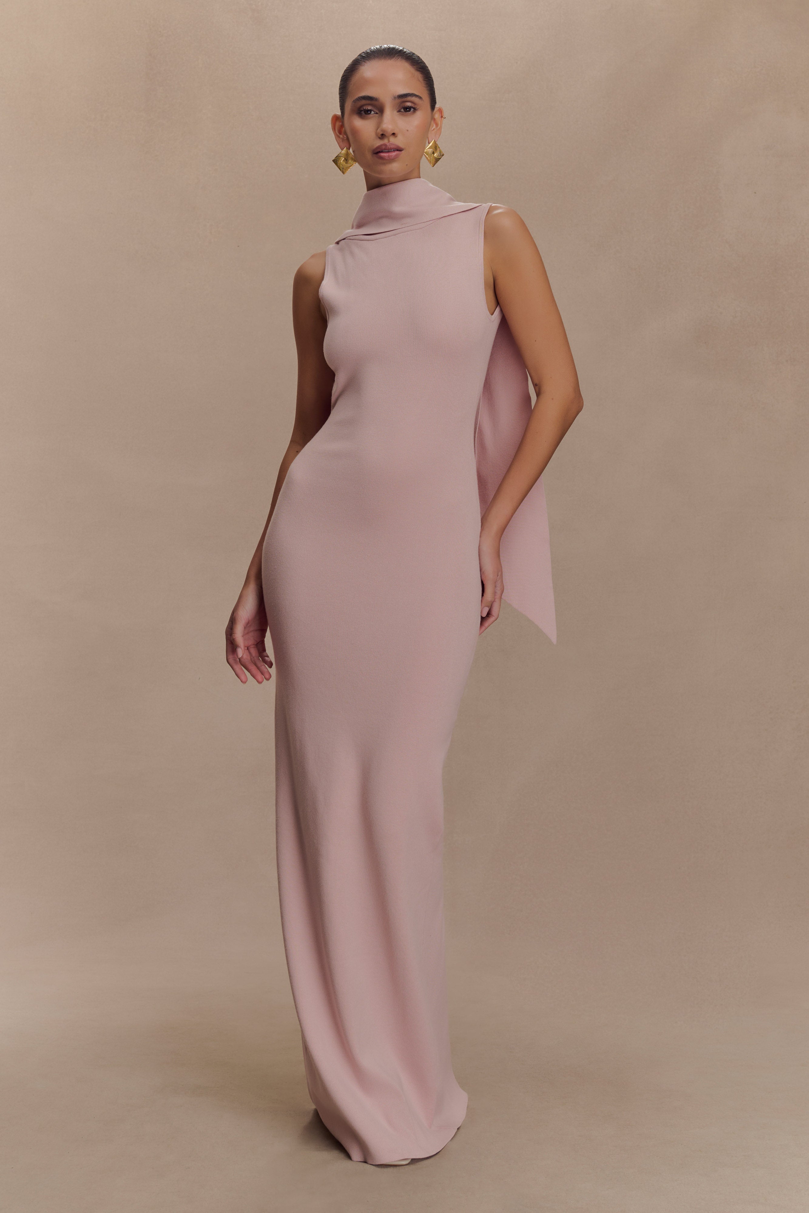 Darby Knit Scarf Maxi Dress in Pale Pink | Soft Stretchy Long Sleeve Wrap Dress for Women | Perfect for Fall Winter Layering, Date Nights & Office Wear