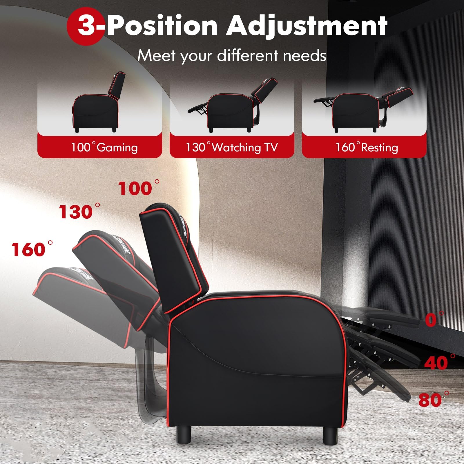 GYMAX Ergonomic Gaming Recliner Chair with Massage, Adjustable Footrest & Remote Control - Racing Style Video Game Chair with Side Pocket for Adults - Perfect for Gaming, Movie Nights & Home Theater (Red)