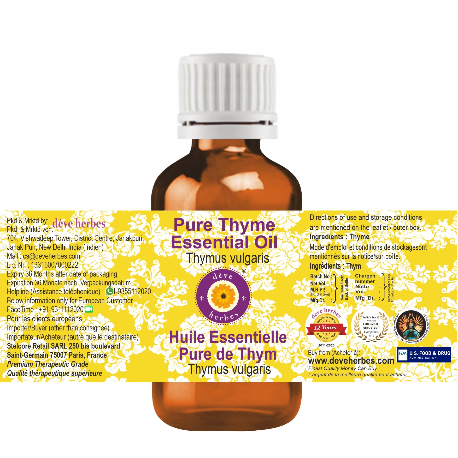 Deve Herbes Pure Thyme Essential Oil (Thymus vulgaris) - 10ml Steam Distilled Therapeutic Grade for Aromatherapy, Massage & Skin Care - Perfect for Diffusers, DIY Beauty & Home Relaxation