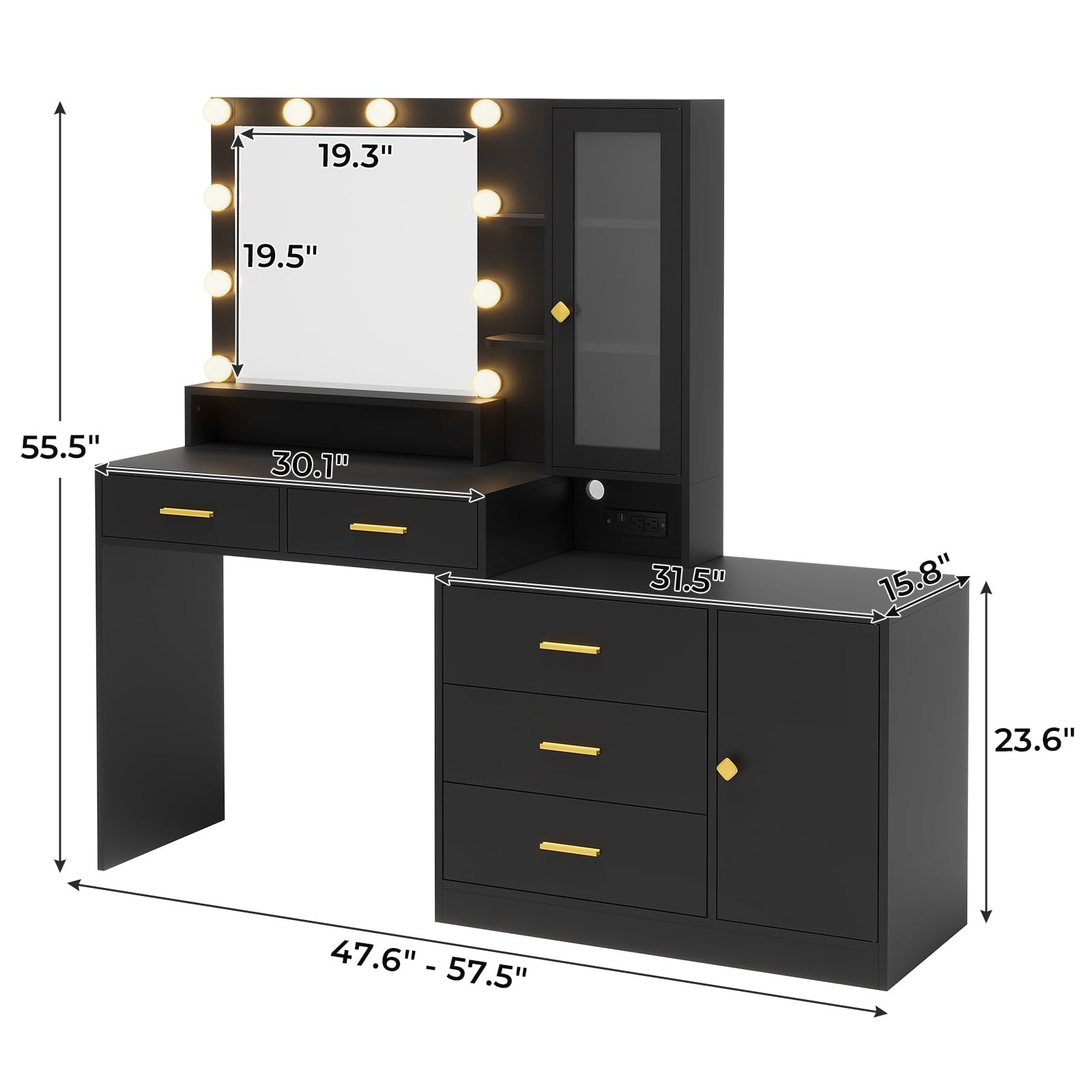Black Makeup Vanity Desk with LED Lights & Mirror - Dressing Table with Drawers, Shelves & Charging Station - Perfect for Bedroom, Beauty Salon & Home Decor