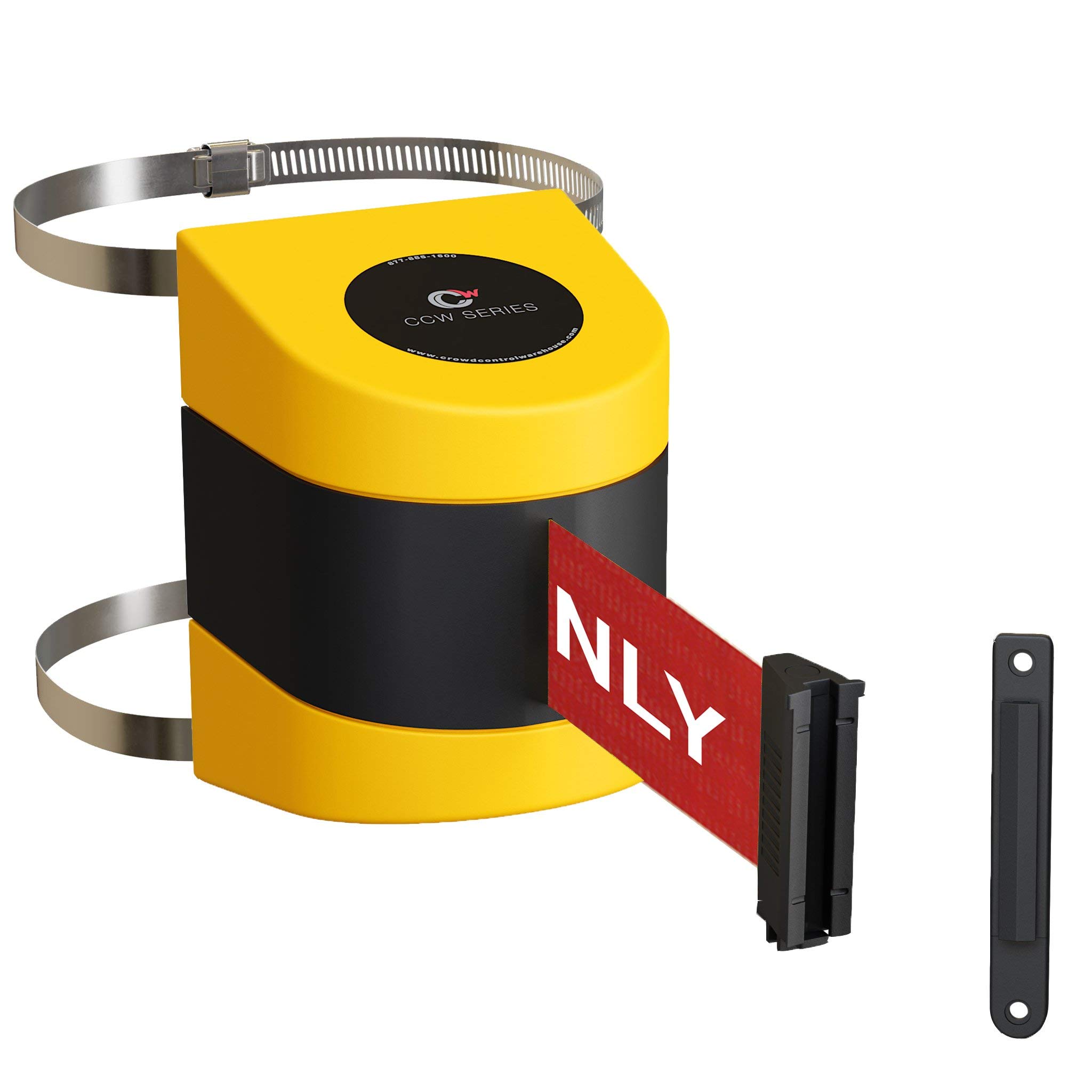CCW Series WMB-220 & WMB-230 Retractable Wall Mount Belt Barrier - 30ft Safety Belt with ABS Case & Clamp (Red Belt with 'Authorized Access ONLY' White Lettering & Yellow ABS Housing) - Perfect for Crowd Control, Warehouse Security, and Event Management