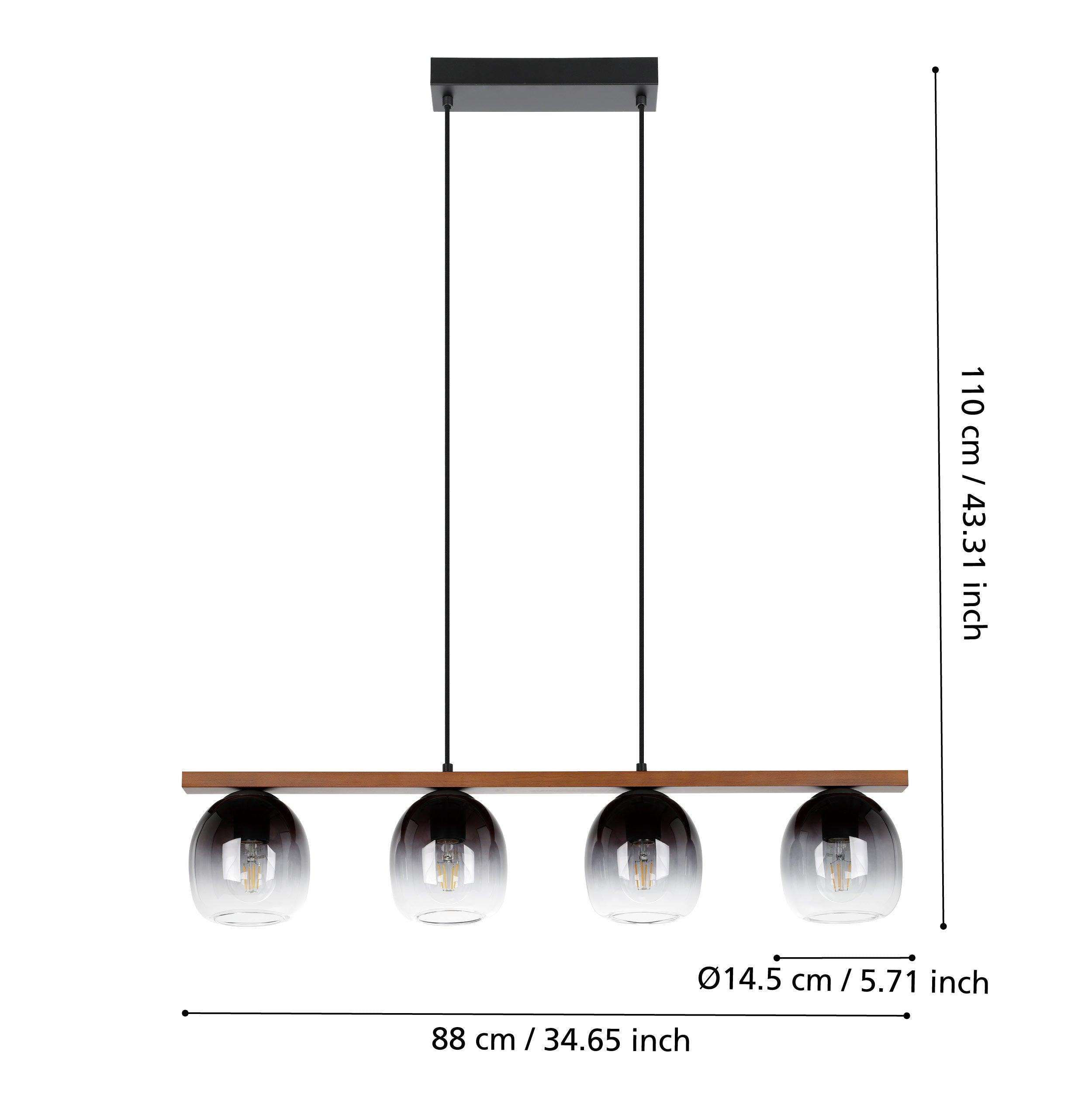 Eglo Filago 4-Light Wood Beam & Glass Shade Pendant Light Fixture - Modern Farmhouse Ceiling Lighting for Kitchen Island, Dining Room, Living Room