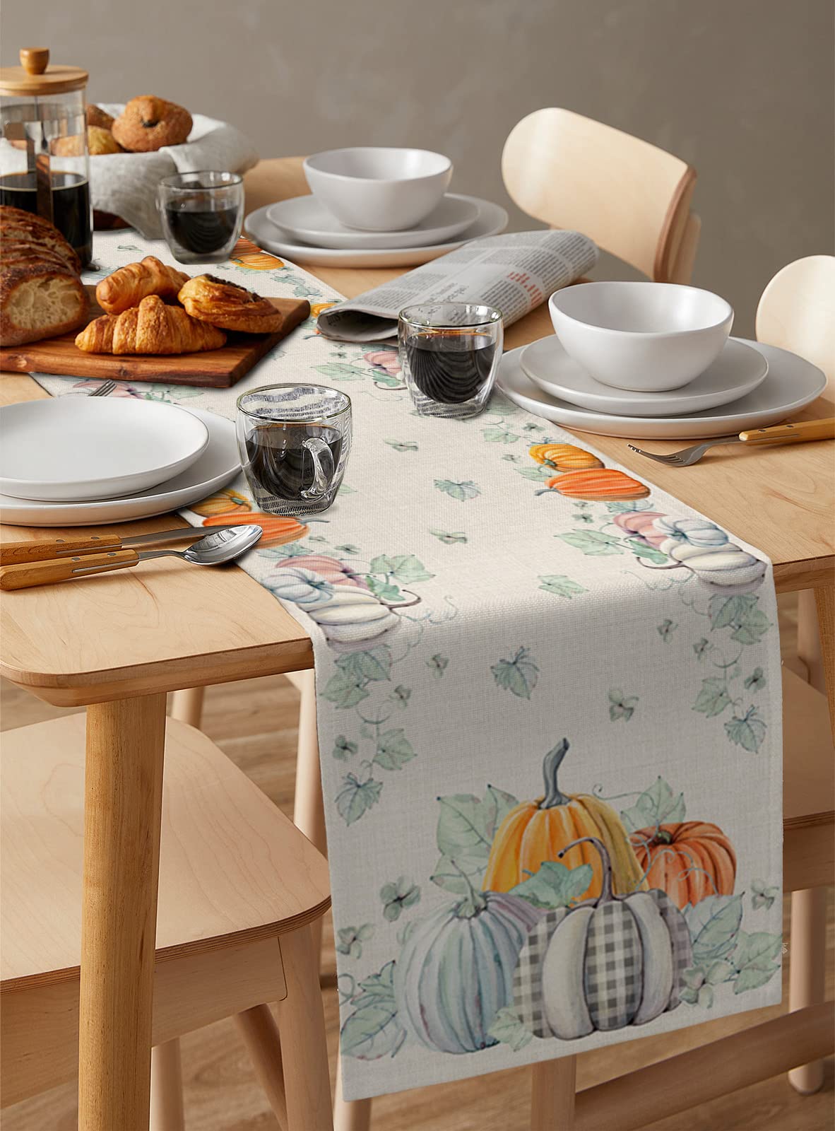 72 Inch Cotton Linen Table Runner - Thanksgiving & Fall Farmhouse Decor with Pumpkin Teal Maple Leaf Design, Rustic Burlap Table Scarf for Dining Table, Coffee Table, Wedding & Party Decorations | Perfect for Autumn Gatherings, Holiday Dinners and Farmhouse Style Home Decor