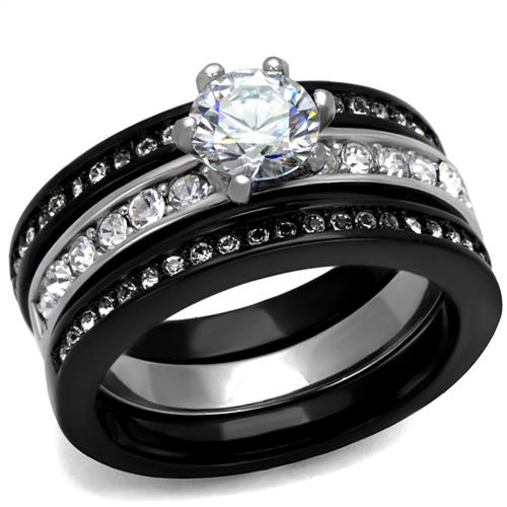 1.31ct CZ Wedding Ring Set for Women - Black Ion Plated Steel Jewelry for Bridal & Anniversary