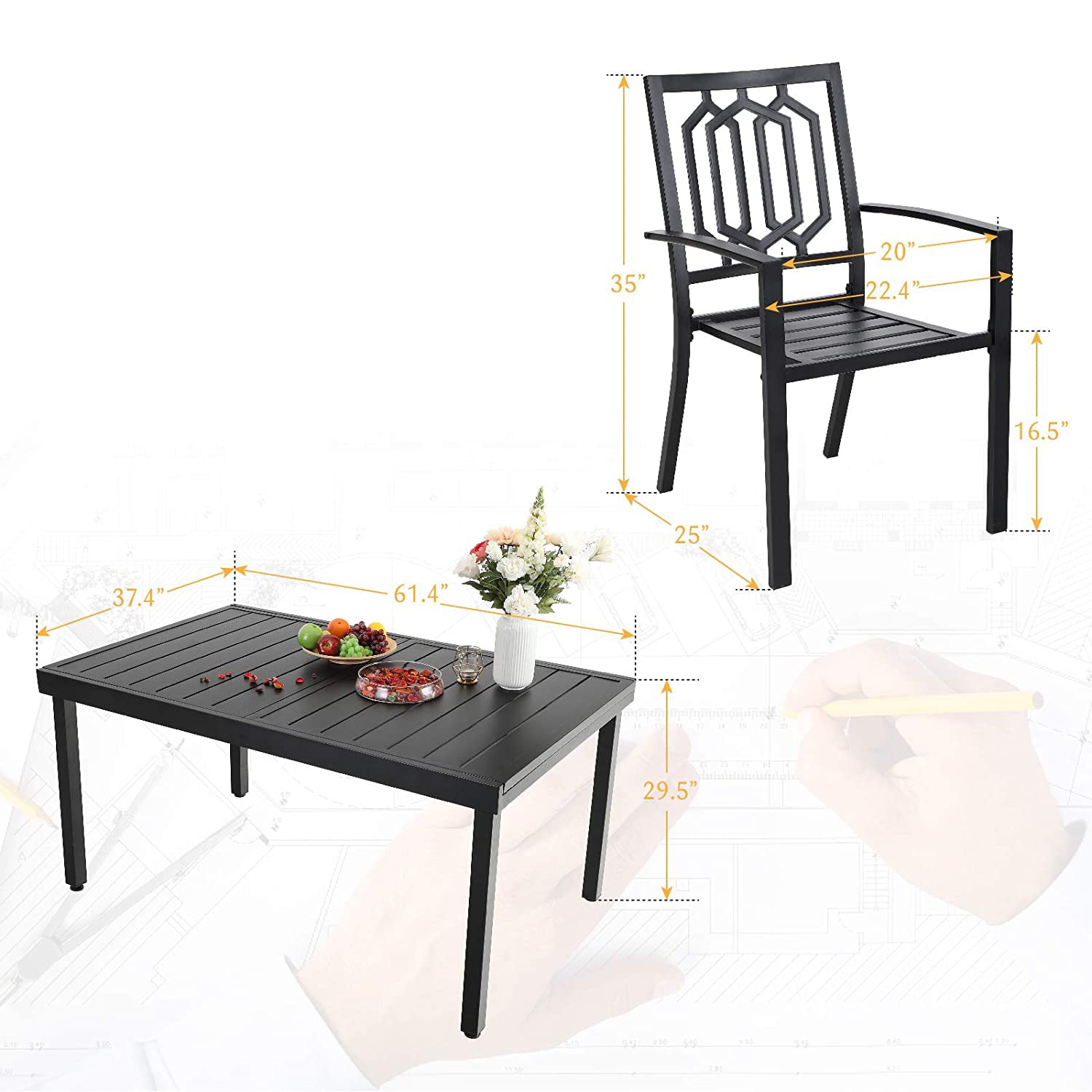 PHI VILLA Adjustable Steel Table and Stackable Chairs Metal Outdoor Patio Dining Set for Garden, Backyard, Poolside & BBQ Parties