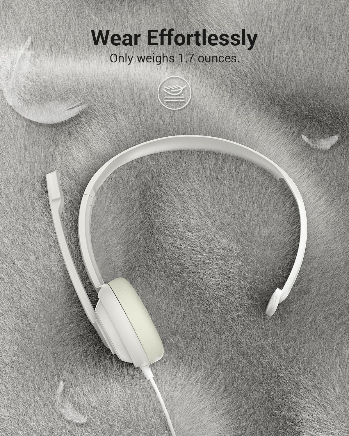 HW02 USB Headset with Microphone - Noise Cancelling Computer Headset with In-Line Volume Control, Lightweight & Comfortable Wired Headphones for PC, Laptop, Office, Call Center - Perfect for Zoom, Skype, Webinars, Online Classes (White)