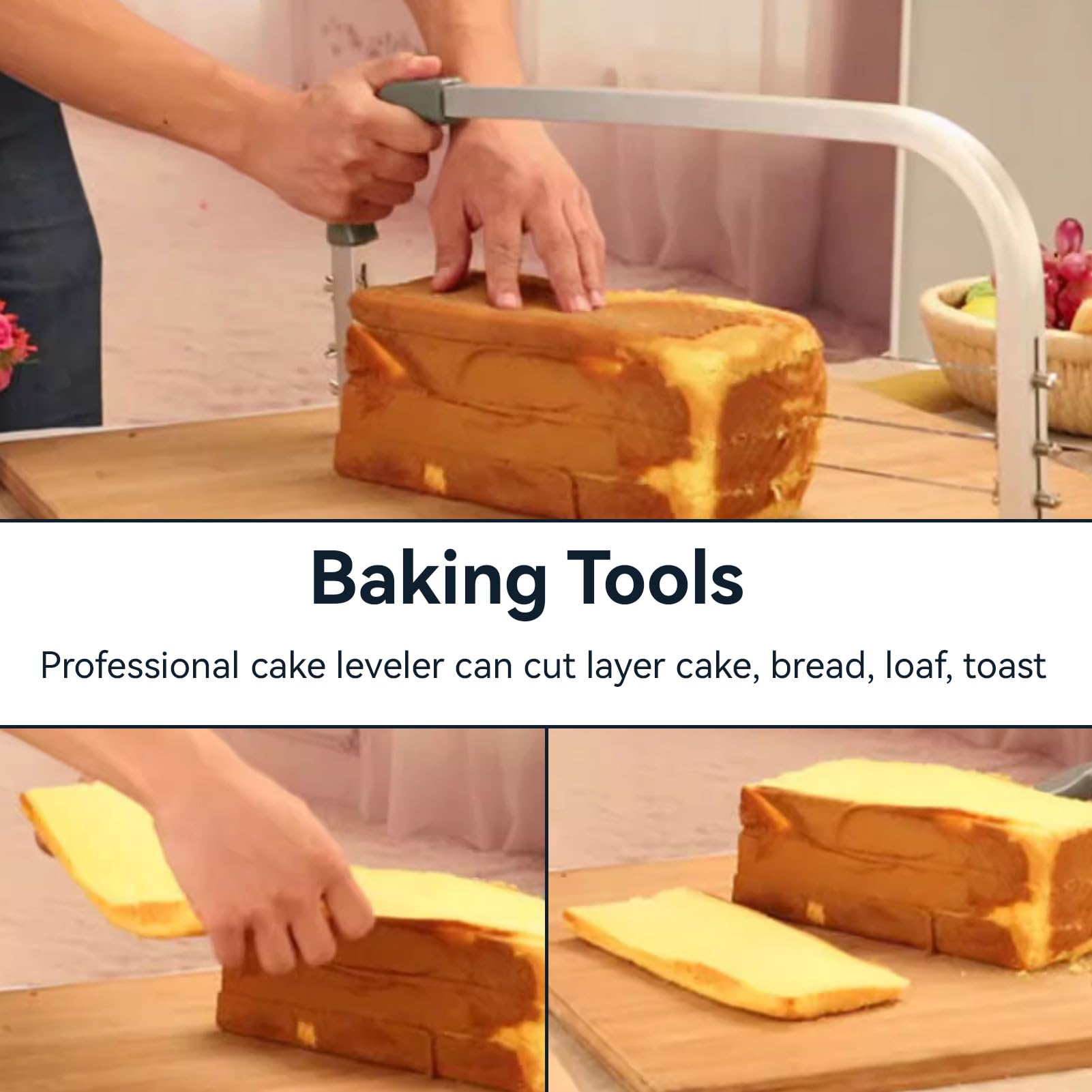 Professional Adjustable Cake Leveler with 3 Stainless Steel Blades - Perfect Layer Cake Slicer & Bread Loaf Cutter - Essential Baking Accessories for Home Bakers & Cake Decorators (Ideal for Wedding Cakes, Birthday Cakes & Pastry Making)