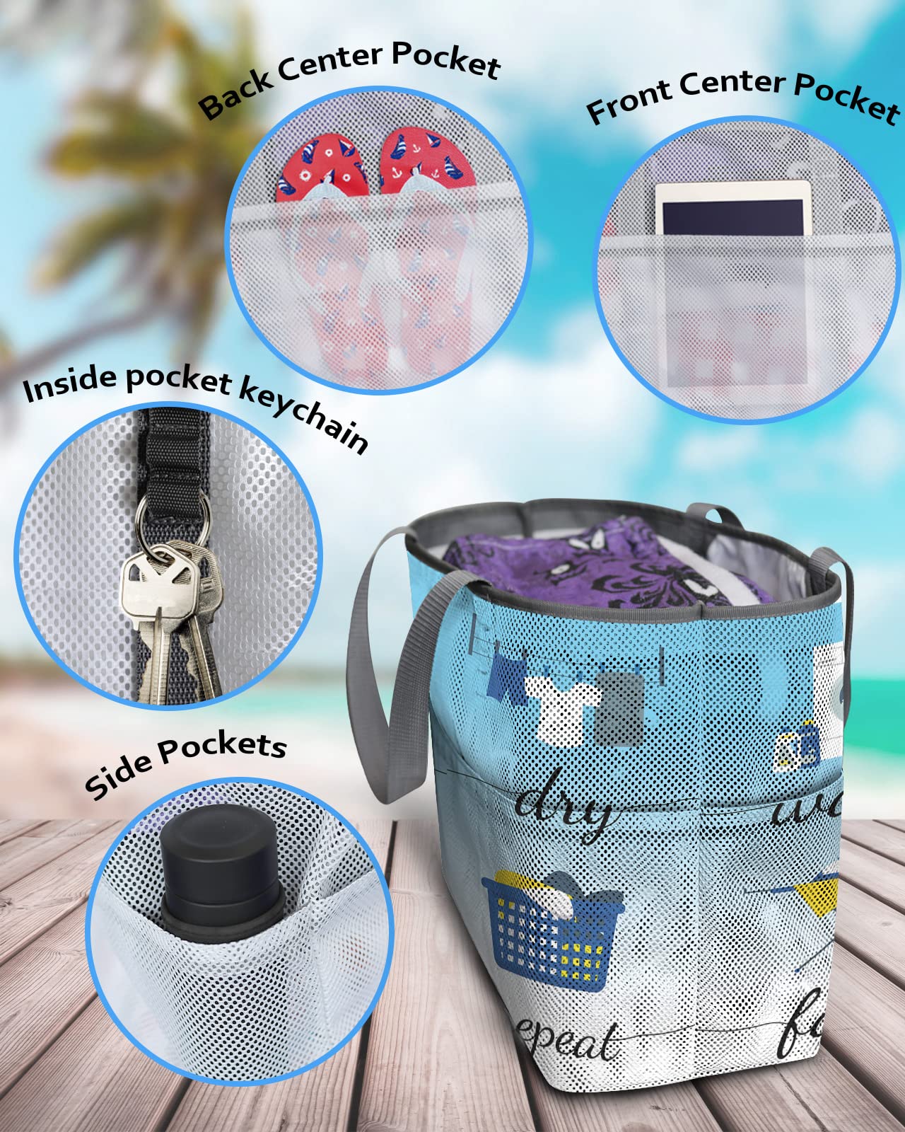 Waterproof Sandproof Mesh Beach Tote Bag with Zipper & Pockets - Large Blue Ombre Beach Handbag for Laundry, Swimming Pool, Picnic & Outdoor Activities | Wash Dry Fold Repeat Design