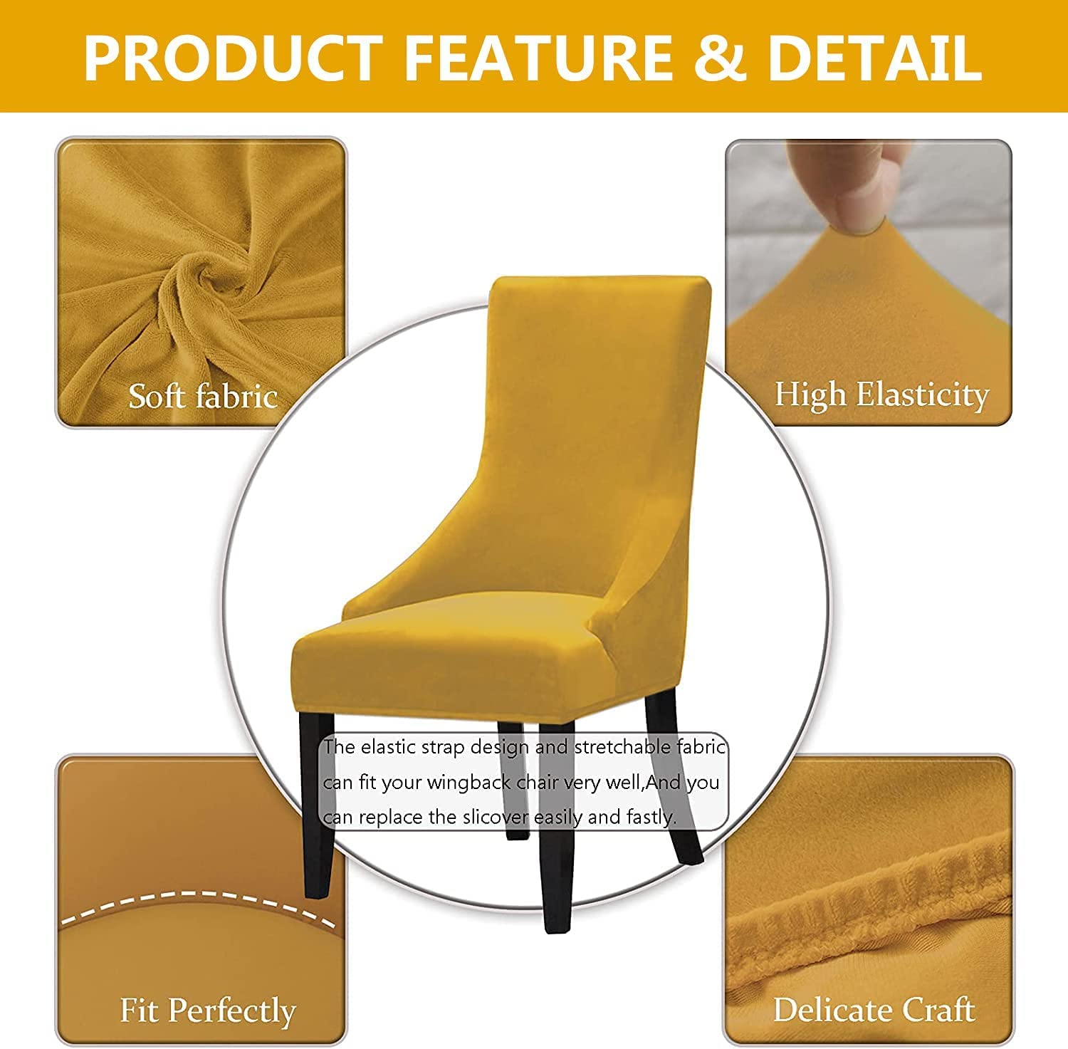 Velvet Dining Chair Covers - Stretchable Wingback Armchair Slipcovers (2 Pack, Yellow) | Soft Furniture Protectors for Dining Room, Hotel & Wedding Decor | Perfect for Home, Restaurant & Event Seating