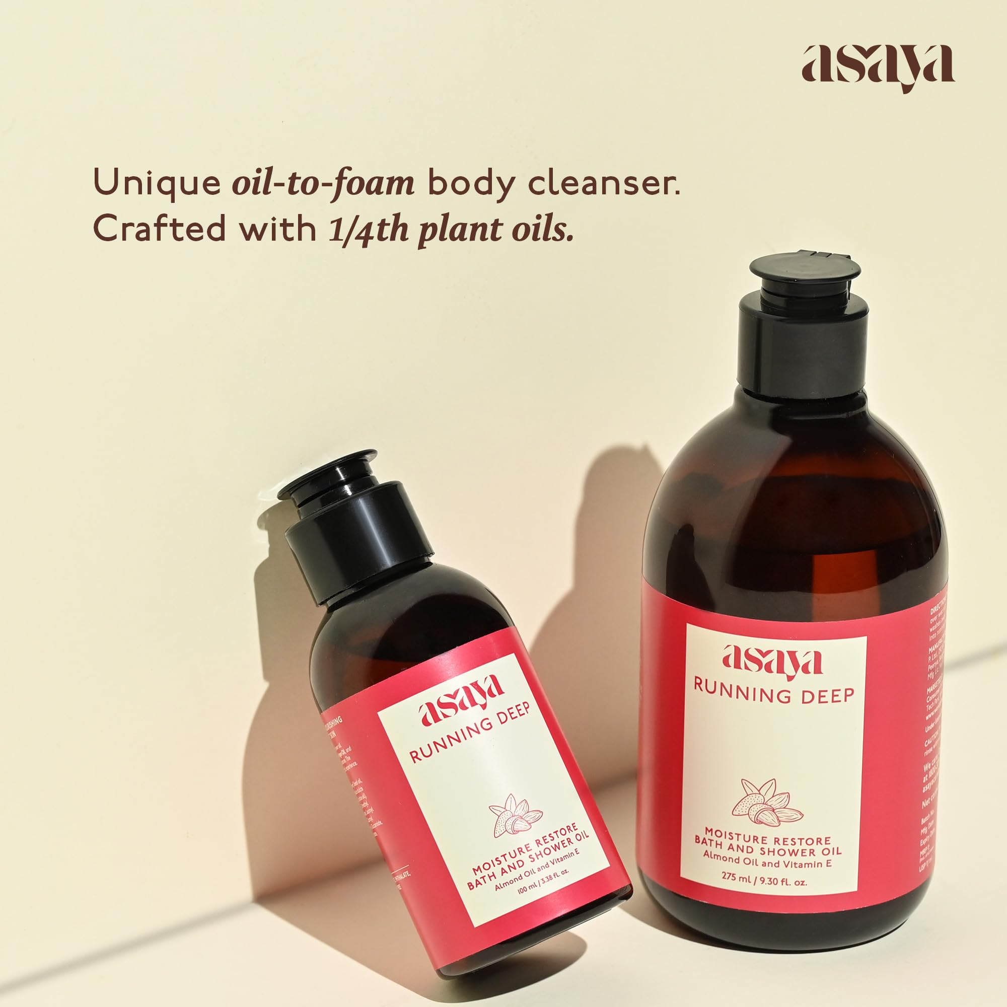 Asaya Moisturizing Bath & Shower Oil - Hydrating Oil-to-Foam Body Wash with Almond, Jojoba & Argan Oil | Vitamin E Enriched for Dry & Sensitive Skin | Sulfate-Free, Phthalate-Free & Soap-Free Formula | Silky Foam Texture & Sweet Almond Fragrance | Restores Moisture & Softens Skin | 9.3 fl oz (275ml) | Perfect for Daily Shower, Spa Day & Post-Workout Hydration