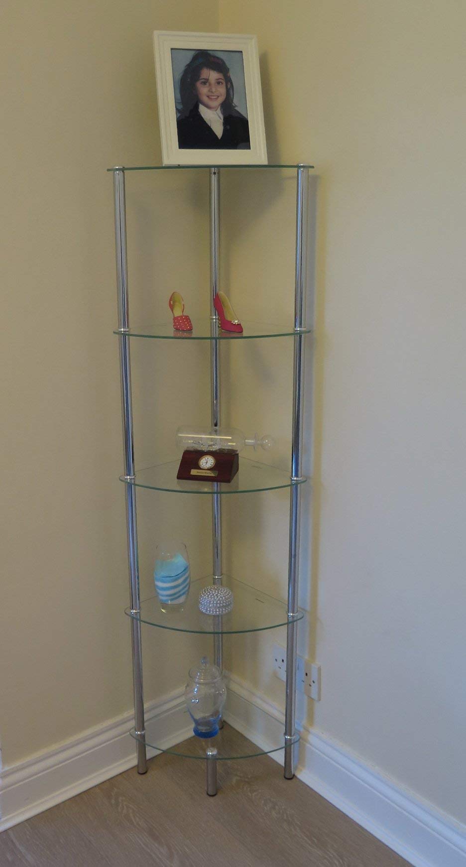 5-Tier Corner Glass Display Shelf - Aspect Polo 5 Clear Glass Unit (Silver/Clear) - Perfect for Retail Stores, Boutiques & Home Decor Organization