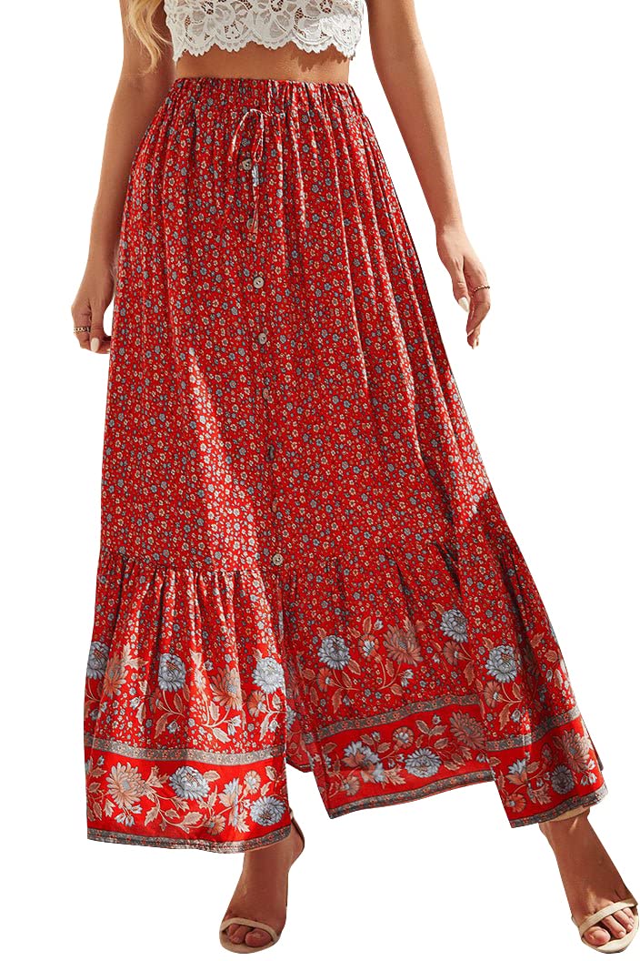 Boho Maxi Skirt for Women - Elastic Waist Flowy A-Line Tiered Skirt with Button Split & Floral Print | Perfect for Beach, Vacation, and Summer Outfits
