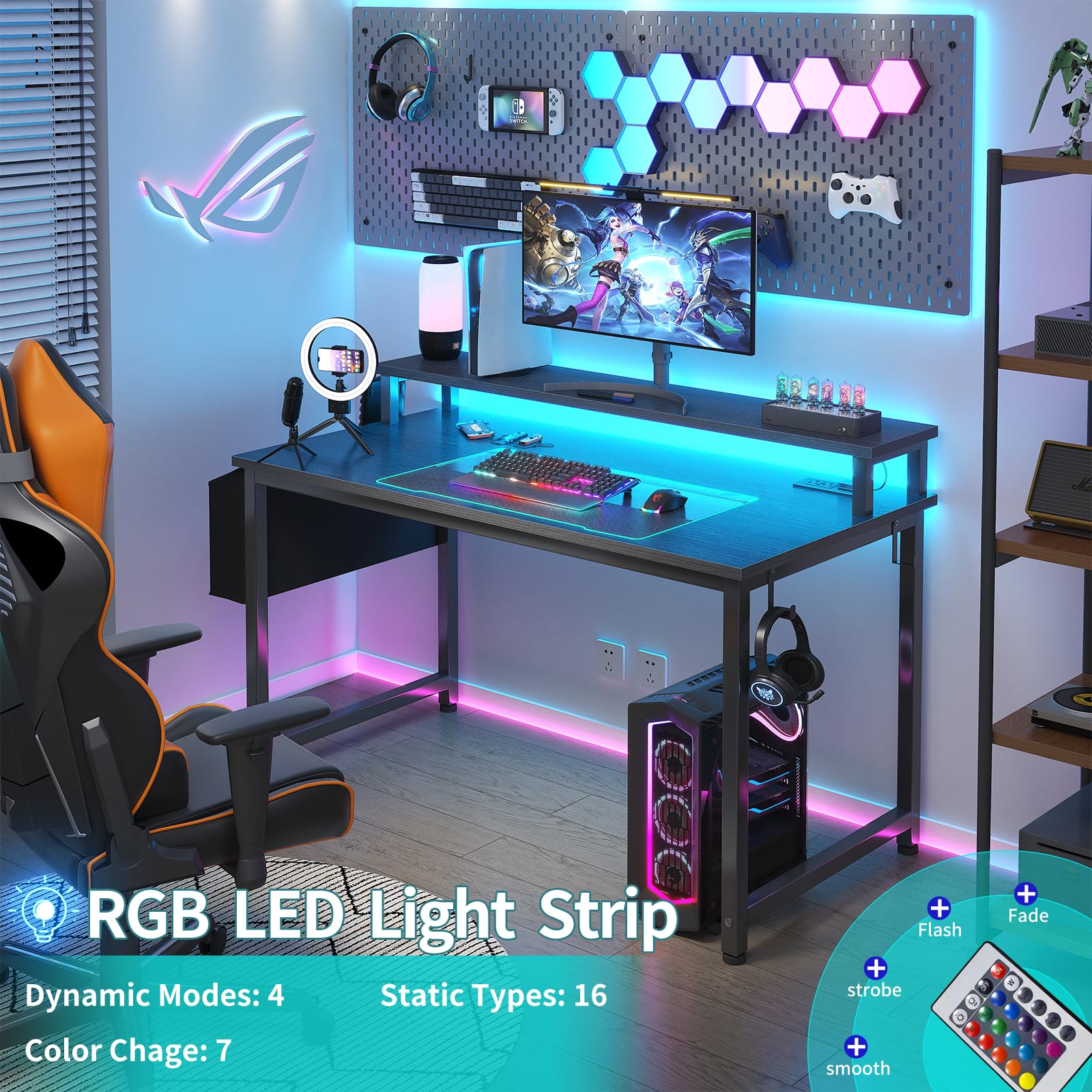 Lufeiya 40 Inch Black Gaming Desk with LED Lights, Power Outlets & USB Charging Station - Ergonomic Computer Desk with Monitor Stand for Home Office, Gaming Setup & Teen Study Room | Perfect for Streaming, Online Classes & Work from Home