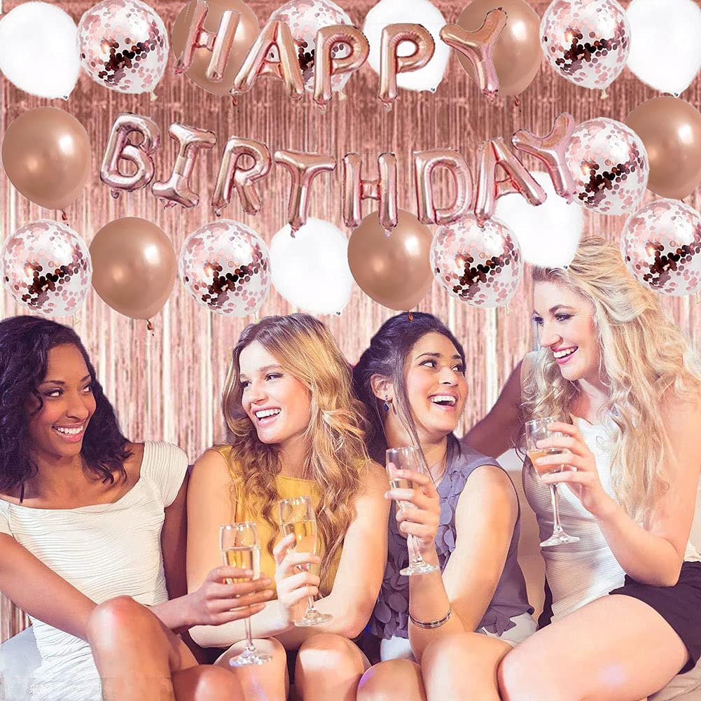 Morofme Rose Gold Birthday Party Decorations Set - Happy Birthday Balloon Banner, Confetti, Latex Balloons, Heart Foil Balloon & Fringe Curtain - Perfect for Birthday Parties, Baby Showers & Bridal Showers