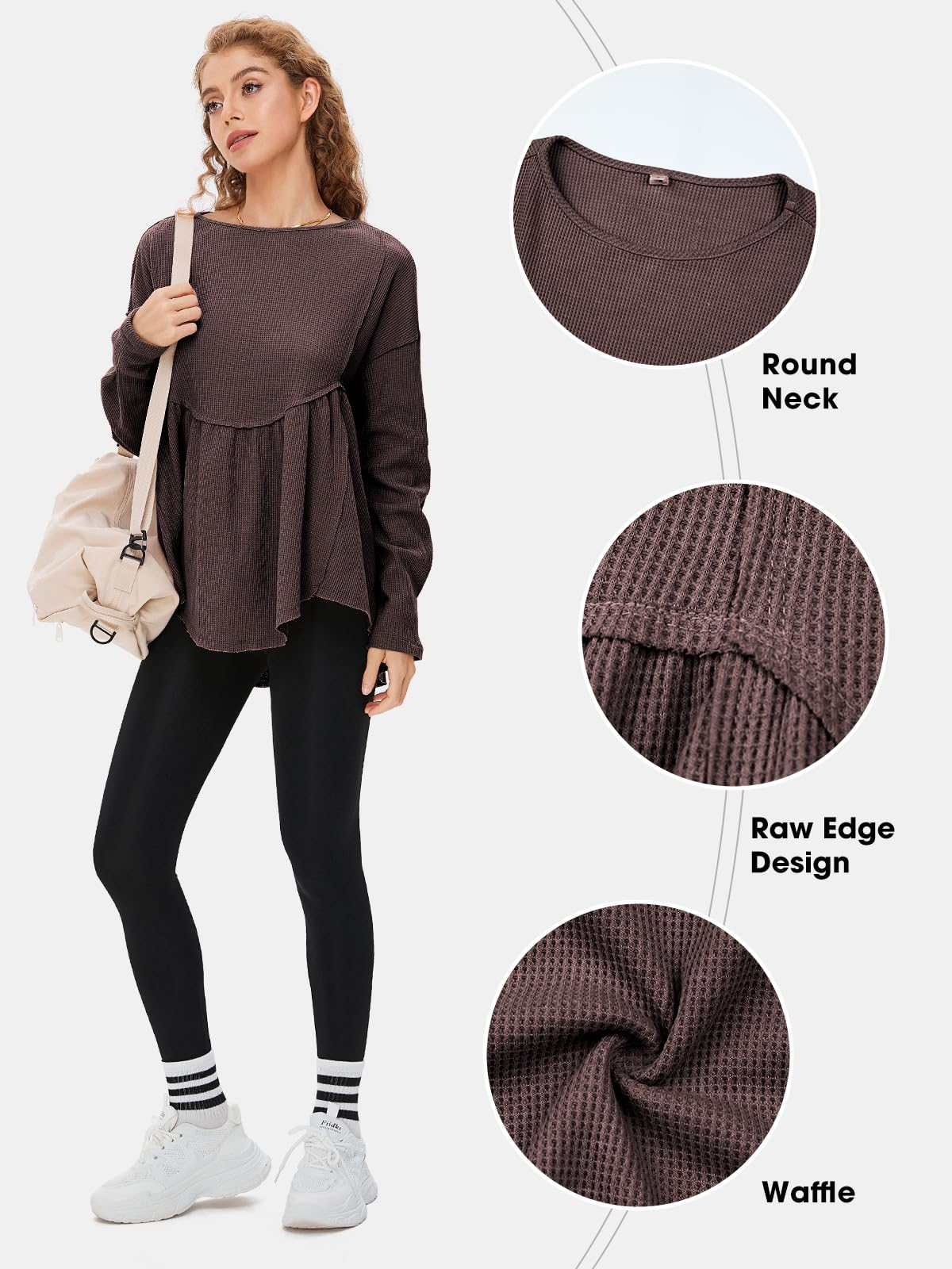EXLURA Womens Waffle Knit Long Sleeve Crewneck Tunic Top - Loose Babydoll Blouse for Maternity & Casual Wear | Fall Fashion 2025 | Perfect for Layering, Office Outfits and Autumn Styling