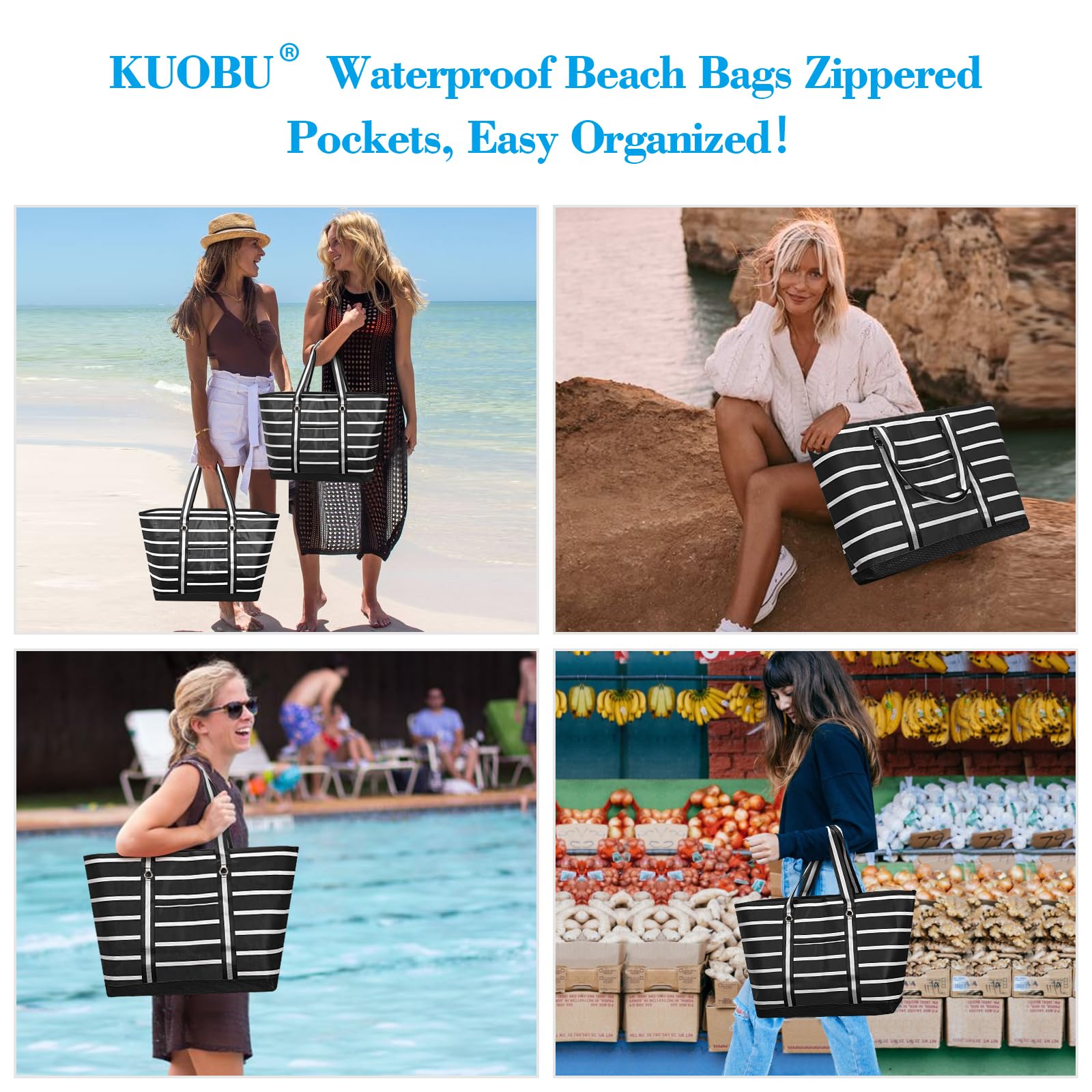 Waterproof Beach Bag for Women - Large Zippered Gym Tote with Multiple Pockets - Perfect for Pool, Travel, Gym & Weekender Trips