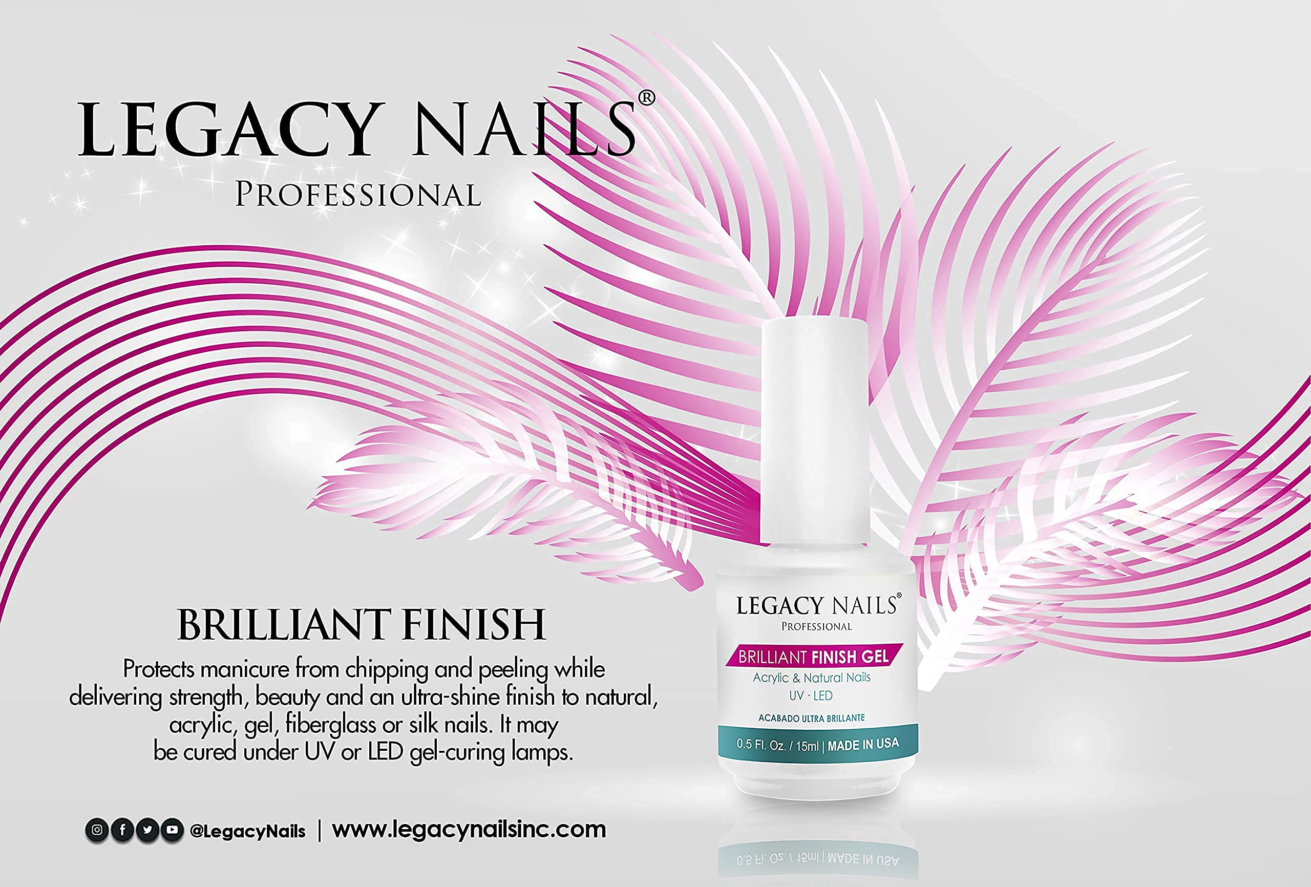 Legacy Nails Professional Brilliant Finish Gel Top Coat 0.5oz - High Gloss Shine for Natural, Acrylic, Gel & Fiberglass Nails - Chip Resistant, Fast Curing UV/LED Polish - Perfect for Salon & Home Manicures