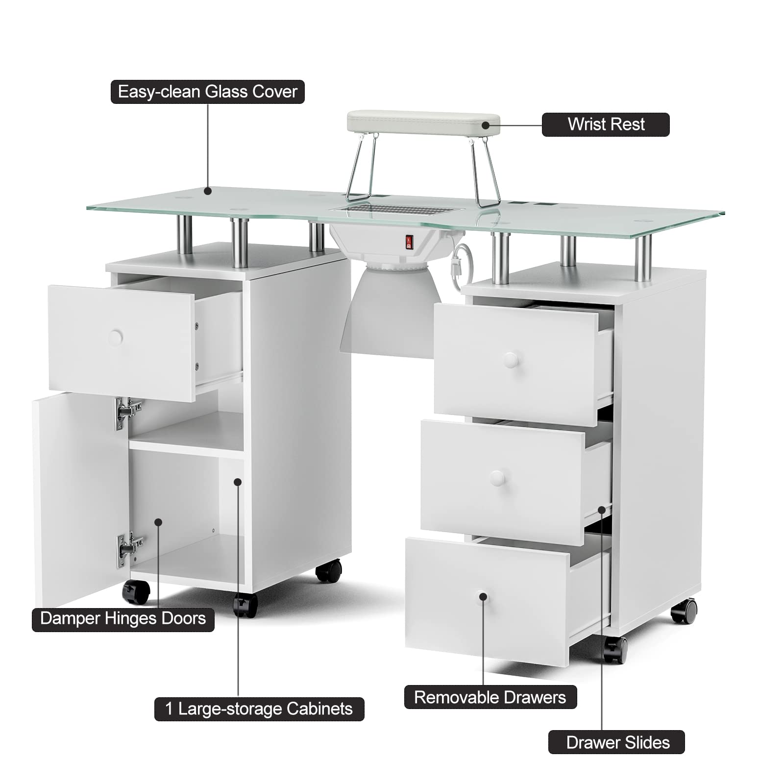 Paddie Professional Manicure Table with Tempered Glass Top, Foldable Armrest, Lockable Wheels & Storage Drawers - White | Portable Nail Salon Station for Home & Professional Use