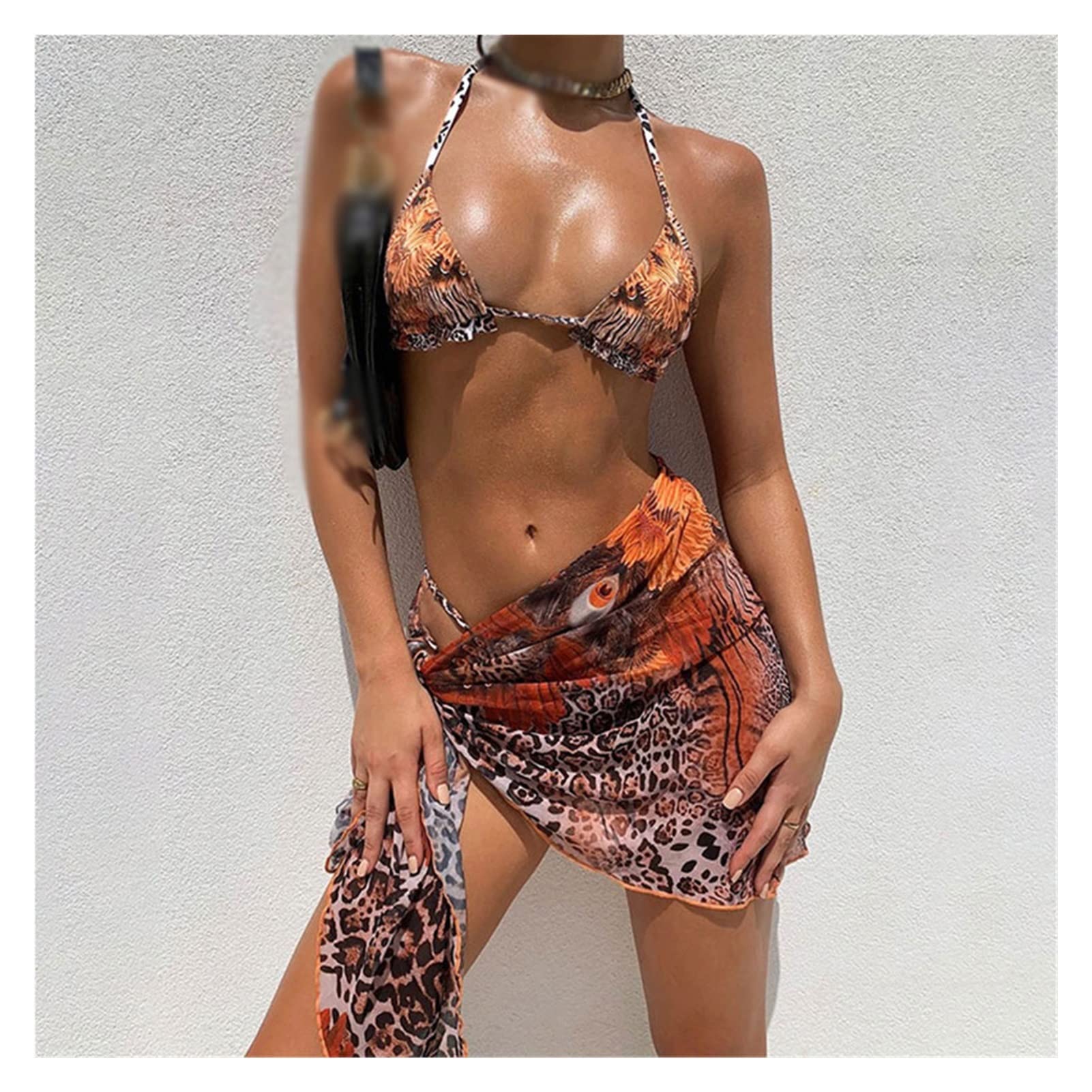 Sexy Leopard Print Bikini Set with Skirt - 3 Piece Halter Swimsuit for Women | Mesh Bathing Suit & Beachwear | Blue Bikini for Pool Party, Vacation & Summer Beach Outfits (Color: A, Size: S)