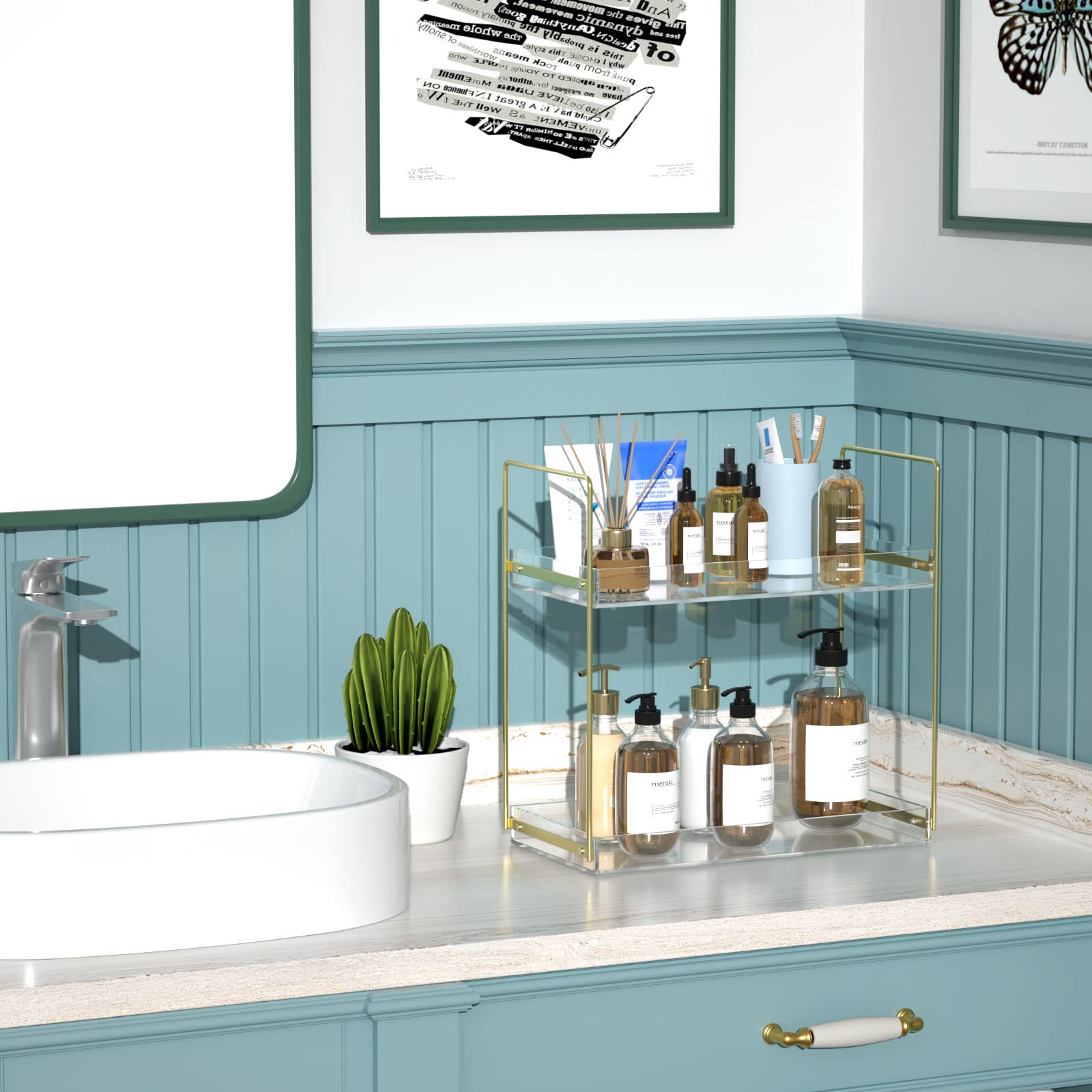 2-Tier Acrylic Bathroom Countertop Organizer - Vanity Skincare & Makeup Tray with Gold Finish | Under Sink Kitchen Storage Shelf for Cosmetics, Perfume, Spices | Perfect for Bathroom Vanity, Bedroom Dresser & Kitchen Counter Organization