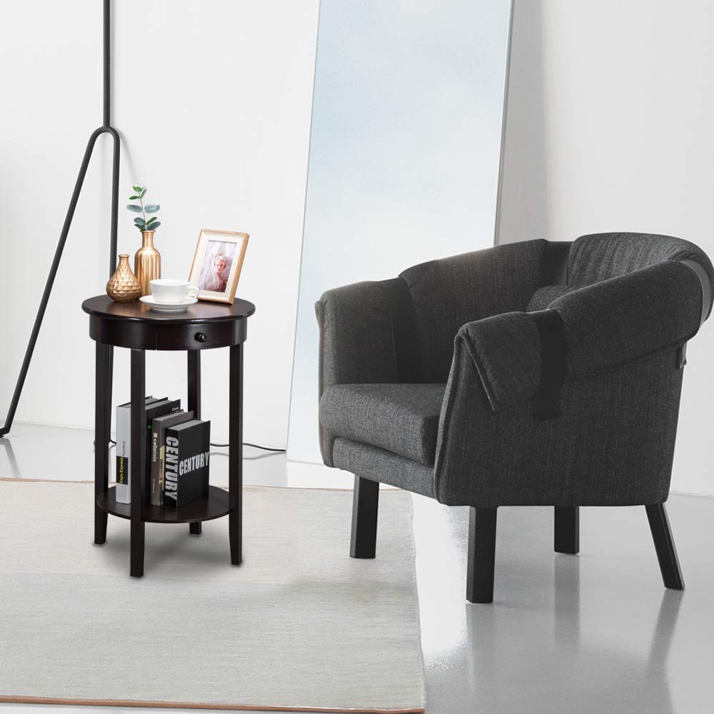 Round Coffee Table with Drawer - Simple Brown End Table for Living Room, Bedroom & Office - Compact Side Table with Storage Space