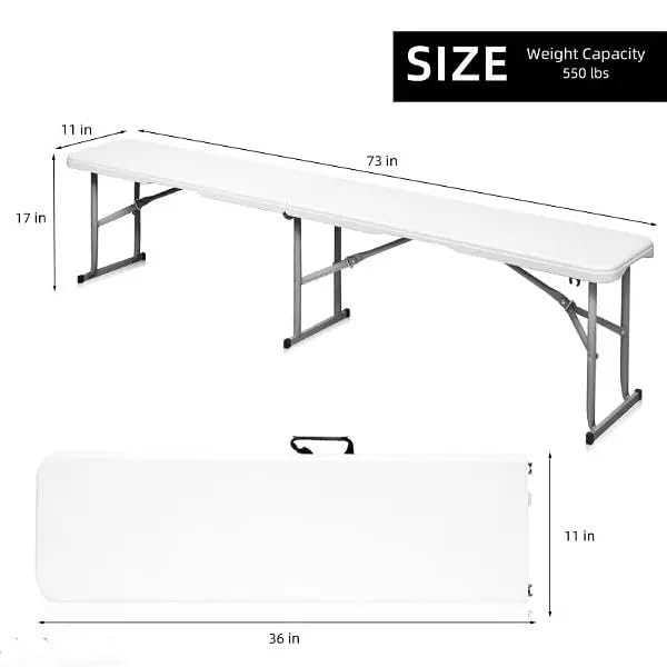 Premium 6-Foot Foldable Resin Bench - Indoor & Outdoor Furniture for Patio, Garden, or Living Room - White 2-Piece Set - Perfect for Entertaining, Relaxing & Everyday Use