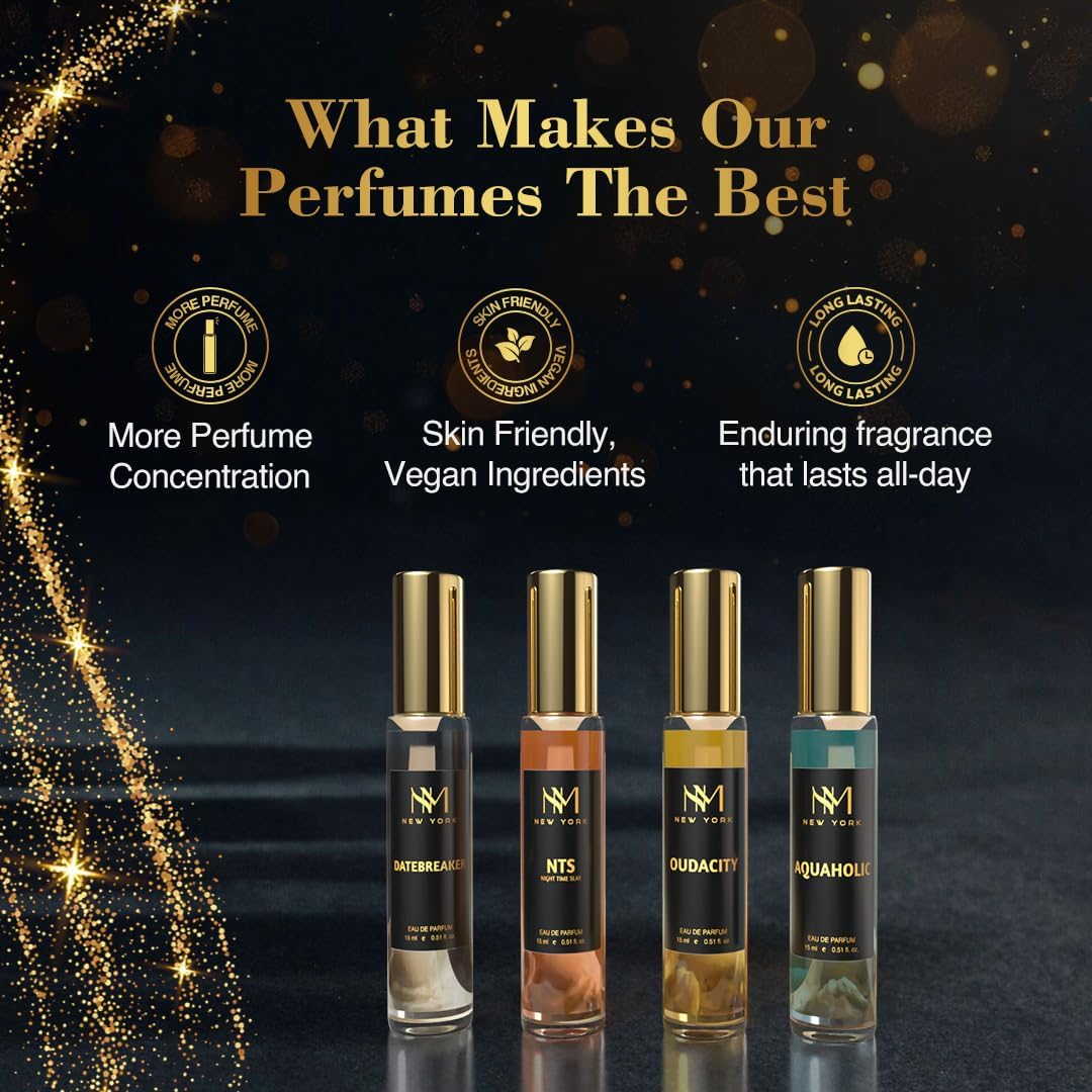 Nourish-Mantraa NM New York Metropolis Men's Luxury Perfume Gift Set - 4 Premium Long-Lasting Fragrances (15ml Each) | Perfect Birthday Gift for Him | Ideal for Date Nights, Office Wear & Special Occasions