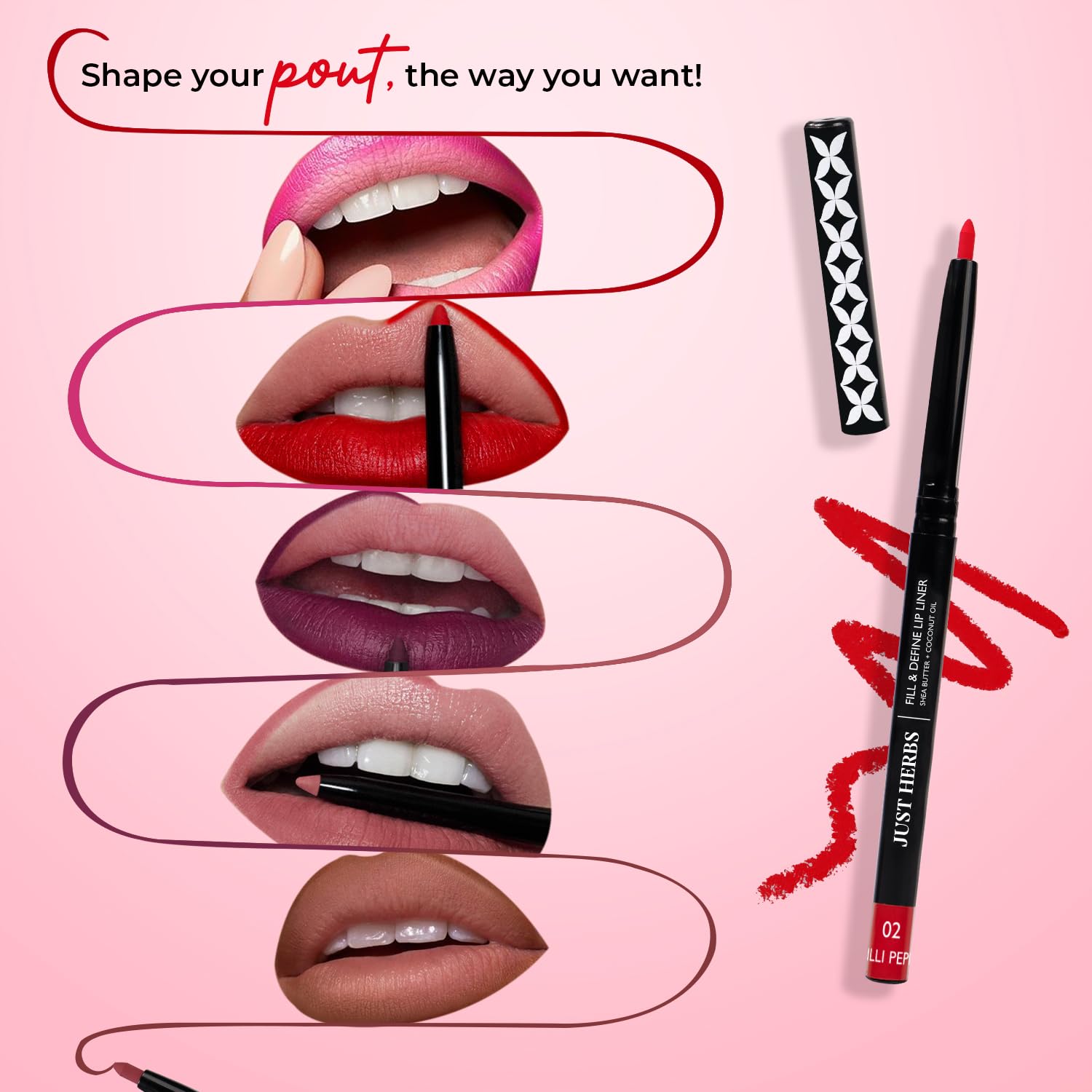 Just Herbs Fill & Define Lip Liner - Shea Butter & Coconut Oil Infused, Transfer-Proof, Long-Lasting Creamy Matte Finish Lip Pencil for Everyday Wear & Special Occasions