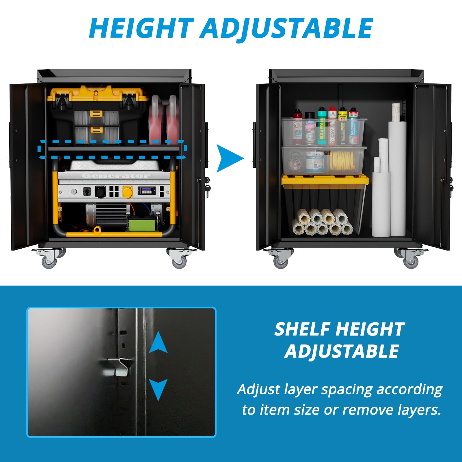 Heavy Duty Lockable Metal Storage Cabinet with Adjustable Shelves & Wheels - 35.4