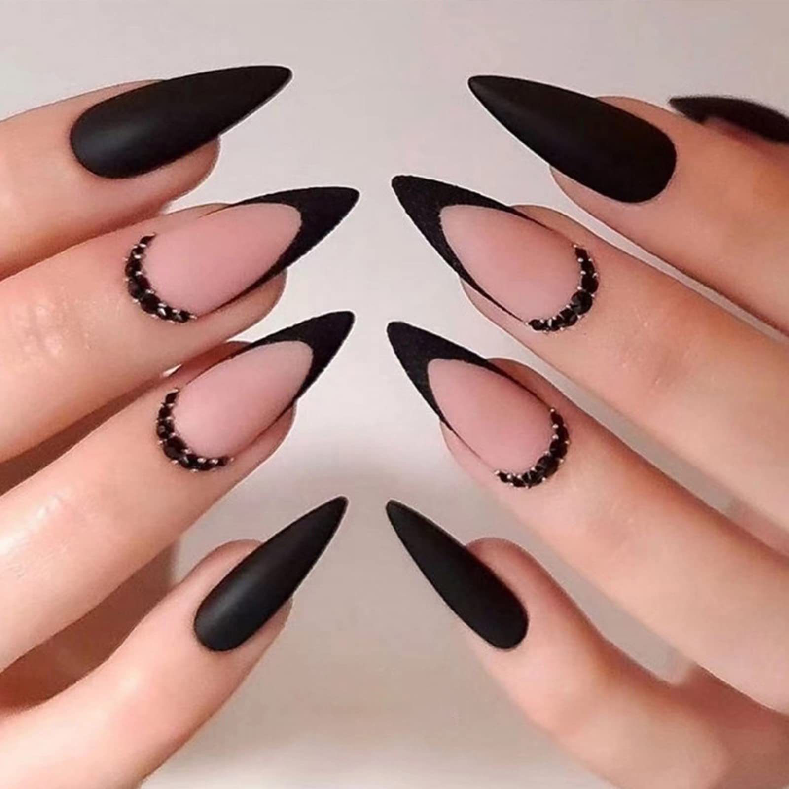 24 Pcs French Tip Press on Nails - Medium Length Almond Shaped Fake Nails with Rhinestone Design, Matte Black Acrylic Nails for Women & Girls | Easy Glue on False Nails for Parties, Weddings & Daily Wear