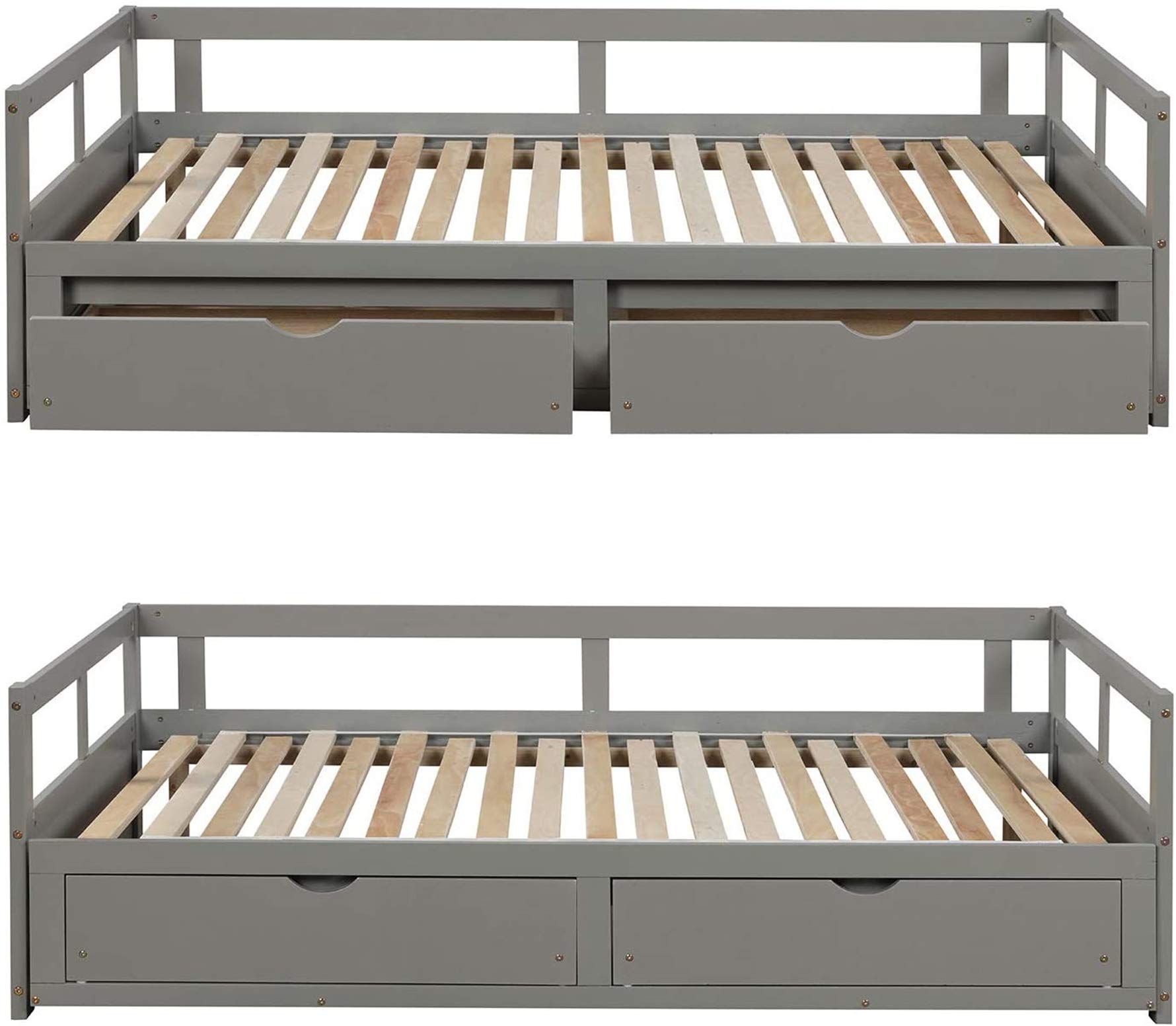 MERITLINE Extendable Daybed Frame with 2 Storage Drawers - Twin to King Size Convertible Wooden Sofa Bed for Bedroom & Living Room - Space-Saving Grey Furniture (Perfect for Guest Rooms, Small Apartments & Home Offices)