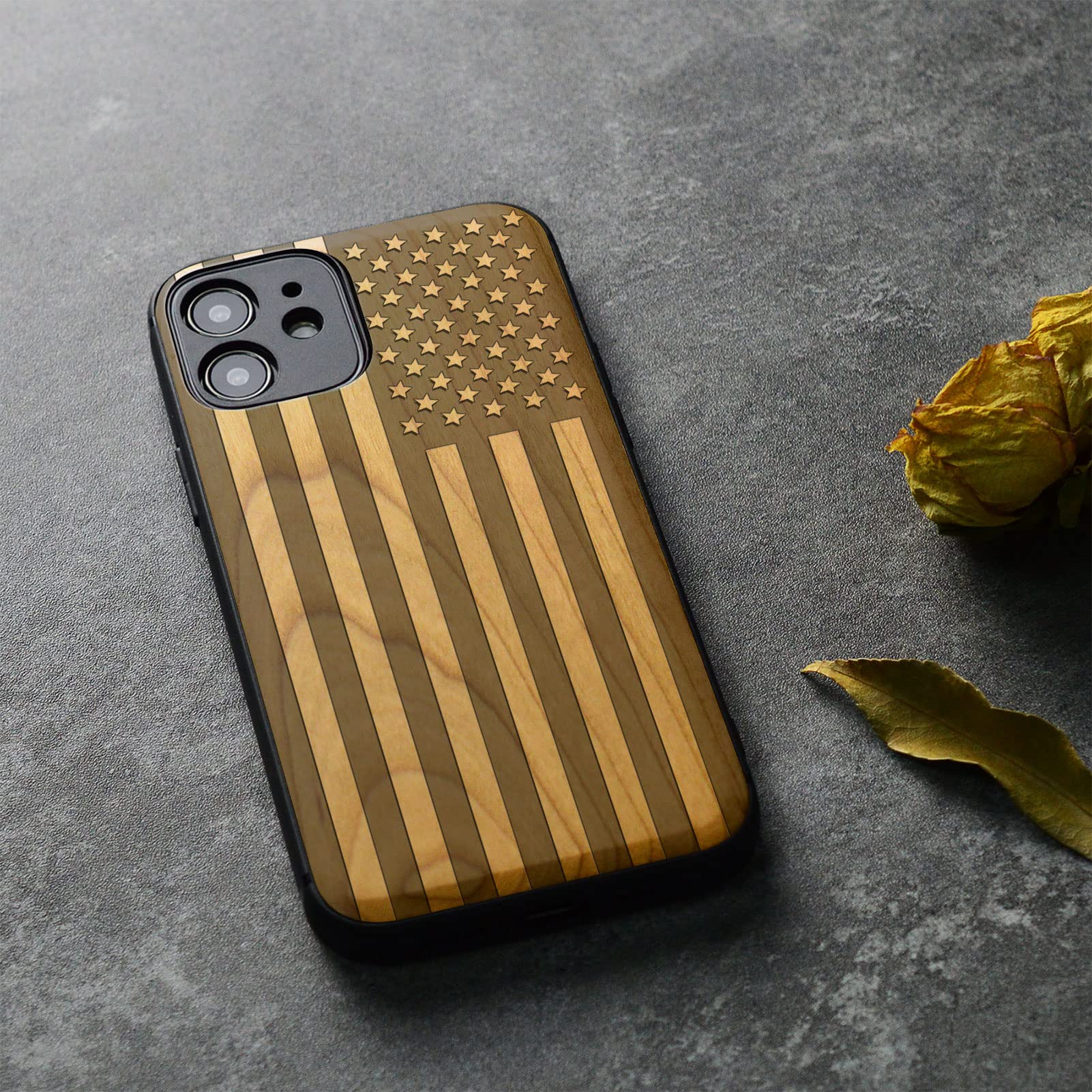 Carveit Magnetic Wood Case for iPhone 12 - Natural Wood & Black TPU Shockproof Protective Cover with Magsafe Compatibility (American Flag Cherry Design) - Durable Wooden Phone Case for Everyday Use, Office & Outdoor Protection
