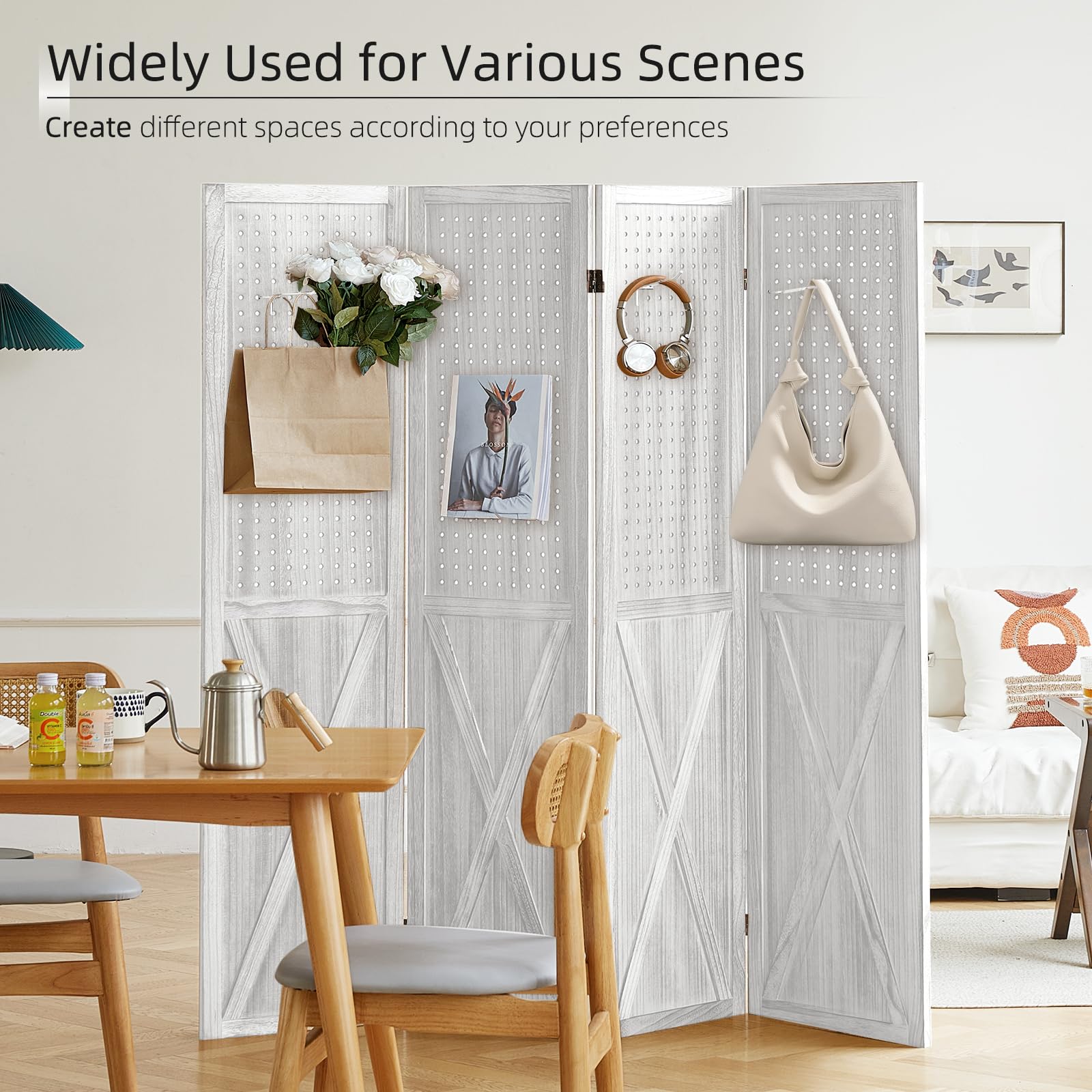 4 Panel Pegboard Room Divider - 5.6Ft Wooden Folding Privacy Screen & Display Organizer for Art, Jewelry, Craft Shows - Perfect for Home Office, Retail Displays, and Event Booths (White)