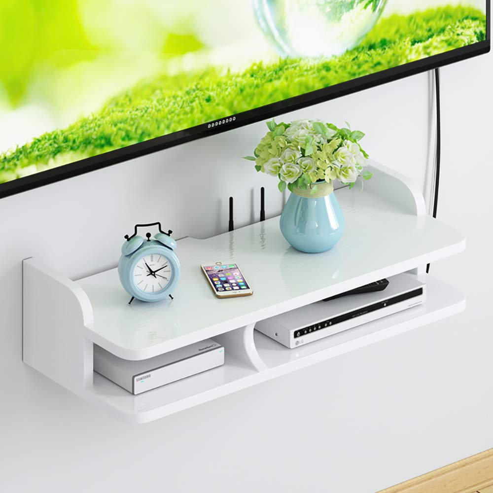 SHPEHP Floating Shelves Wall Mounted - Modern Entertainment Center for WiFi Router, TV Box, Streaming Devices - Black, White, Wood, Gray (4 Colors / 3 Sizes) - Perfect for Living Room, Bedroom & Home Office Organization