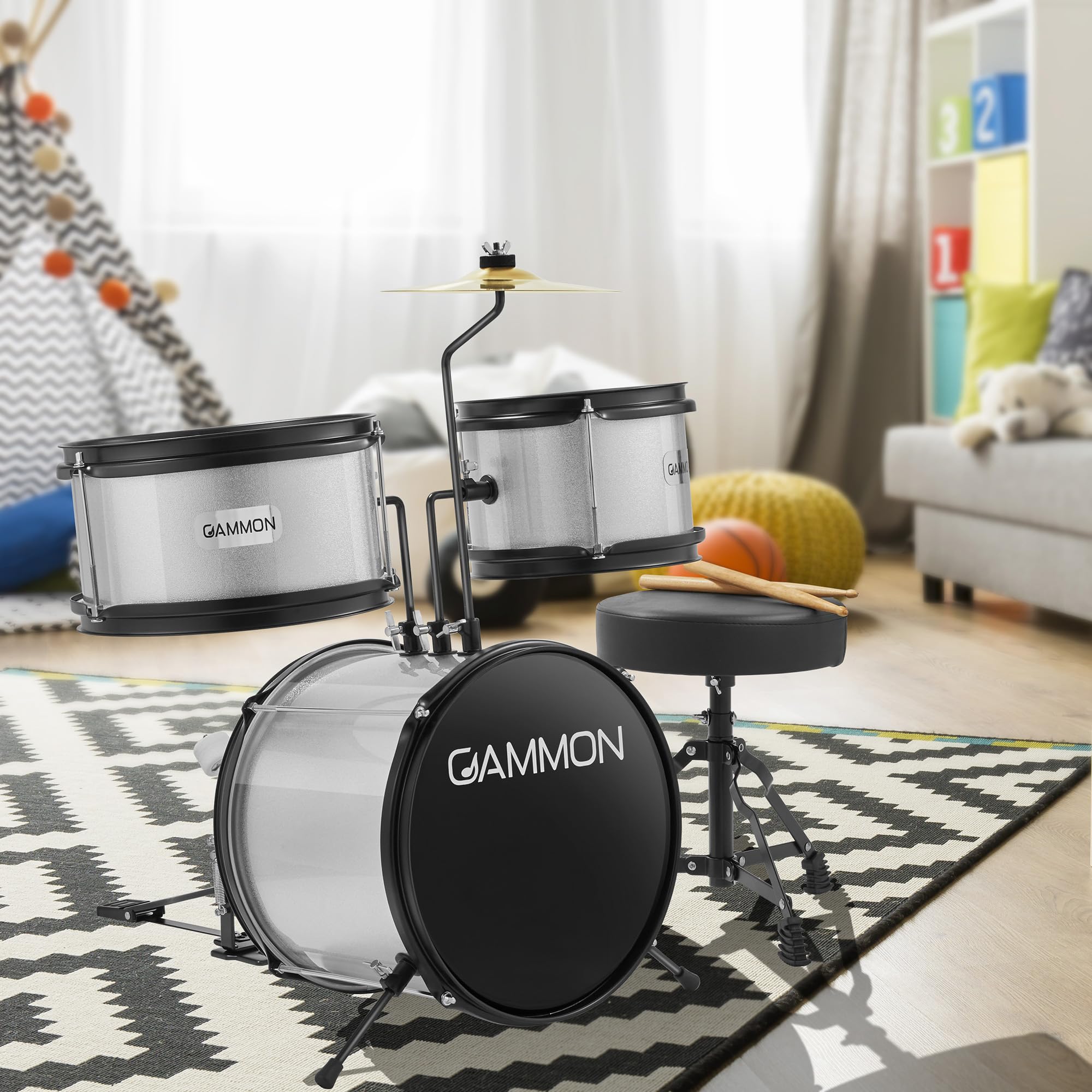 Gammon 3-Piece Junior Drum Set with Throne - Silver | Complete Beginner Drum Kit with Bass Drum, Toms, Cymbal, Pedal & Drumsticks | Perfect for Kids, Teens & First-Time Players | Home Practice, Music Lessons & Birthday Gifts
