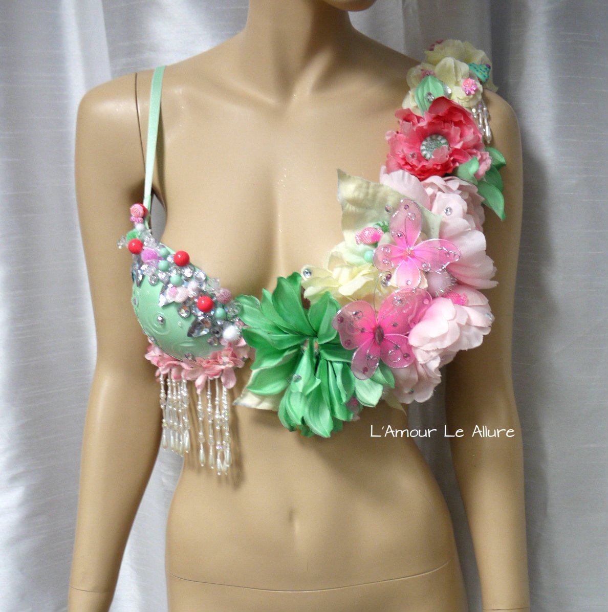 Pink Mint Candy Flower Fairy Fringe Rave Bra - Sexy Halloween Dance Costume for Women, Festival Outfit, Rave Wear, Bachelorette Party, Cosplay & Burlesque Performance