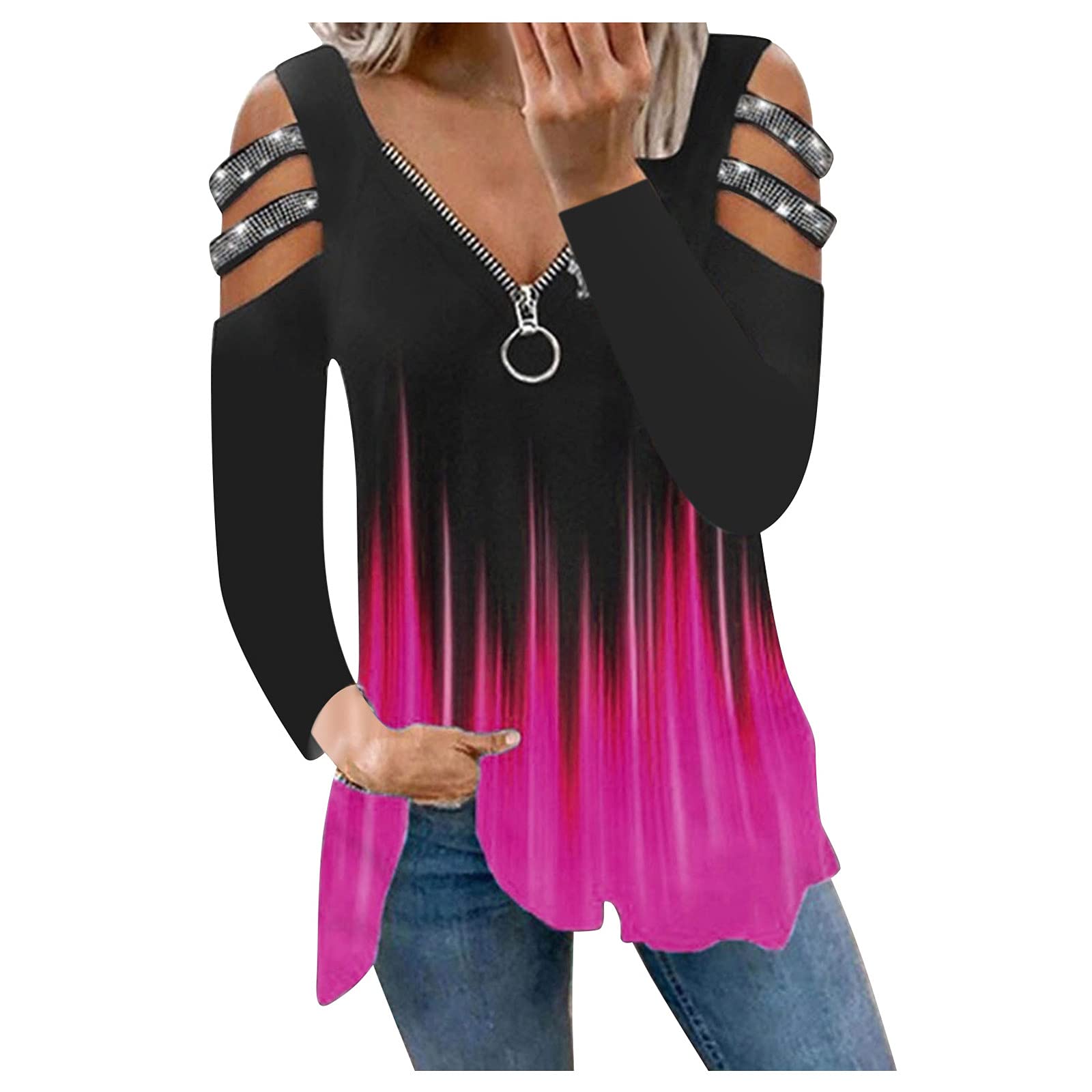 Women's Sexy Deep V Neck Tunic Top with Raglan Long Sleeves & Zip Down Design - Casual Loose Blouse for Everyday Wear, Date Night & Office Outfits