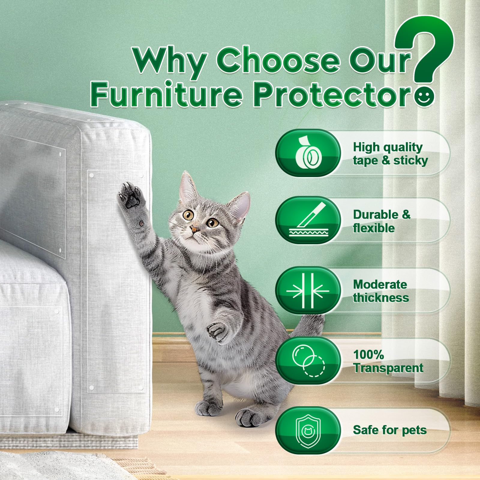 LANBEIDE 10-Pack Clear Cat Scratch Furniture Protector - Anti-Scratch Couch Protector Sheets with 50 Twist Pins | Cat Scratch Deterrent for Sofa, Chairs & Home Furniture | Perfect for Pet Owners & Multi-Cat Households