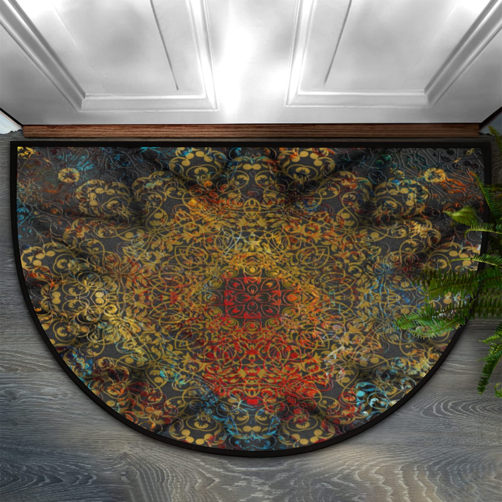 24x36 Inch Mandala Half Round Door Mat - Non-Slip Outdoor Entrance Rug for High Traffic Areas, Patio, Garage & Front Door - Durable Welcome Mat for Home Decor & Wet Weather Use