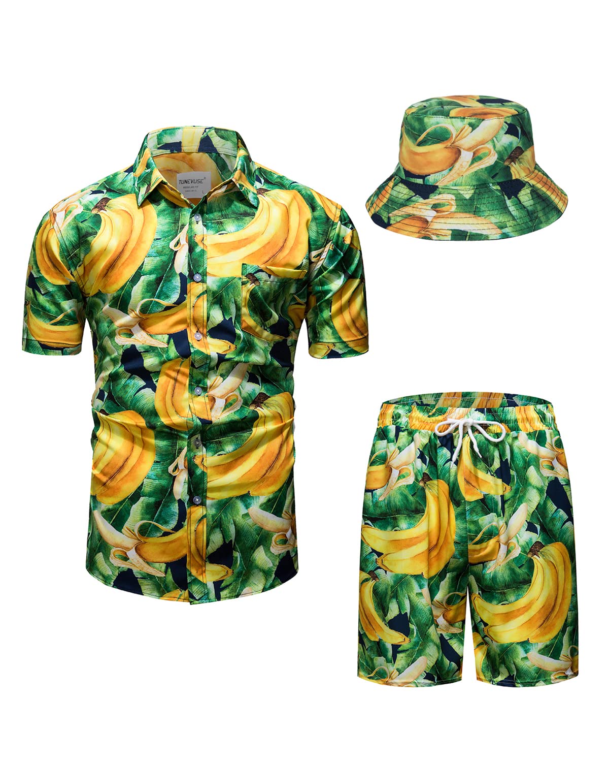 **TUNEVUSE Men's Hawaiian Shirts and Shorts Set - 2 Piece Tropical Beach Outfit with Floral Print & Bucket Hat for Summer Vacation, Luau Party, and Casual Wear**